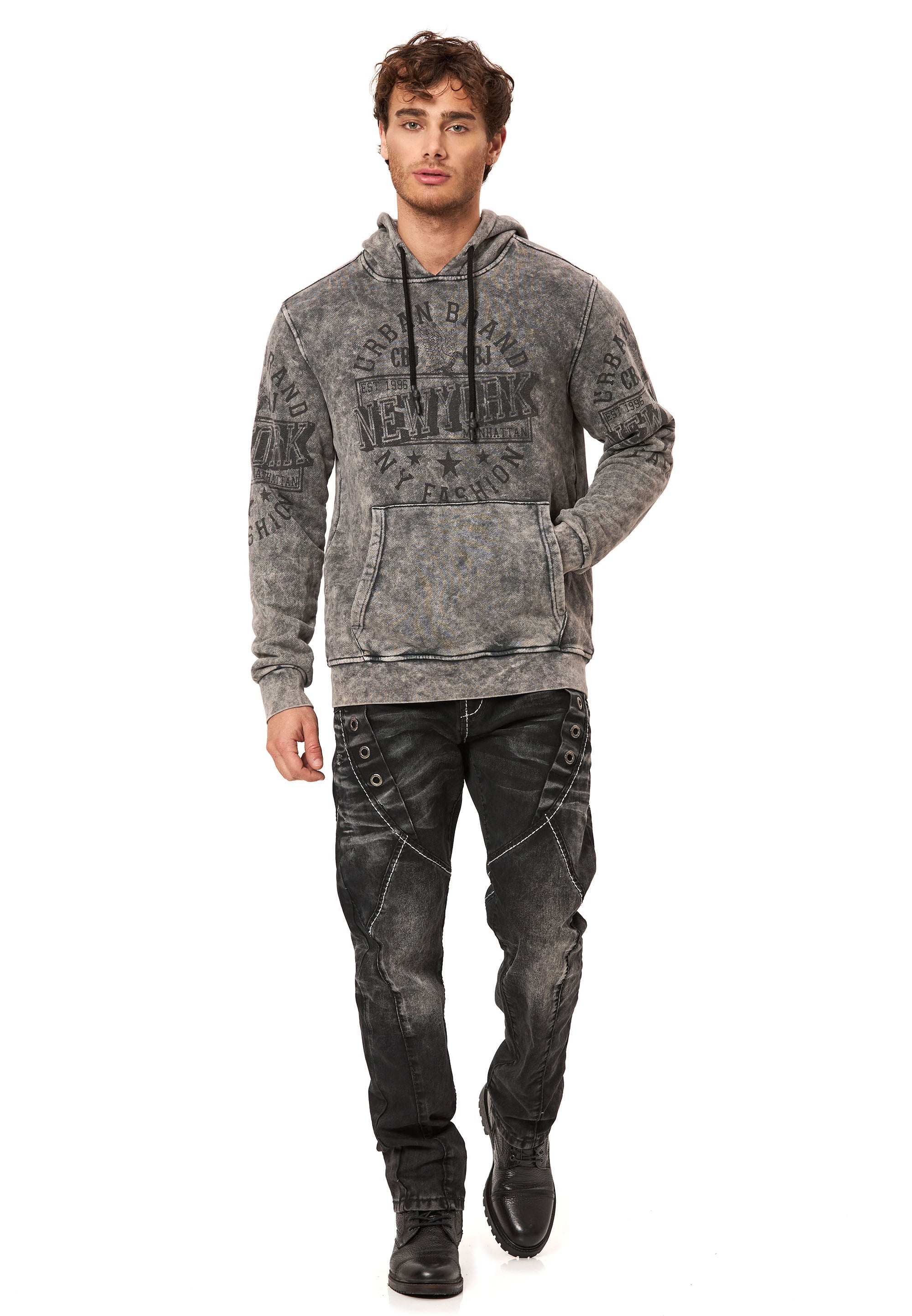 CL596 Men's Hooded Sweatshirt – City Print Acid Wash Hoodie, New York-Inspired Streetwear