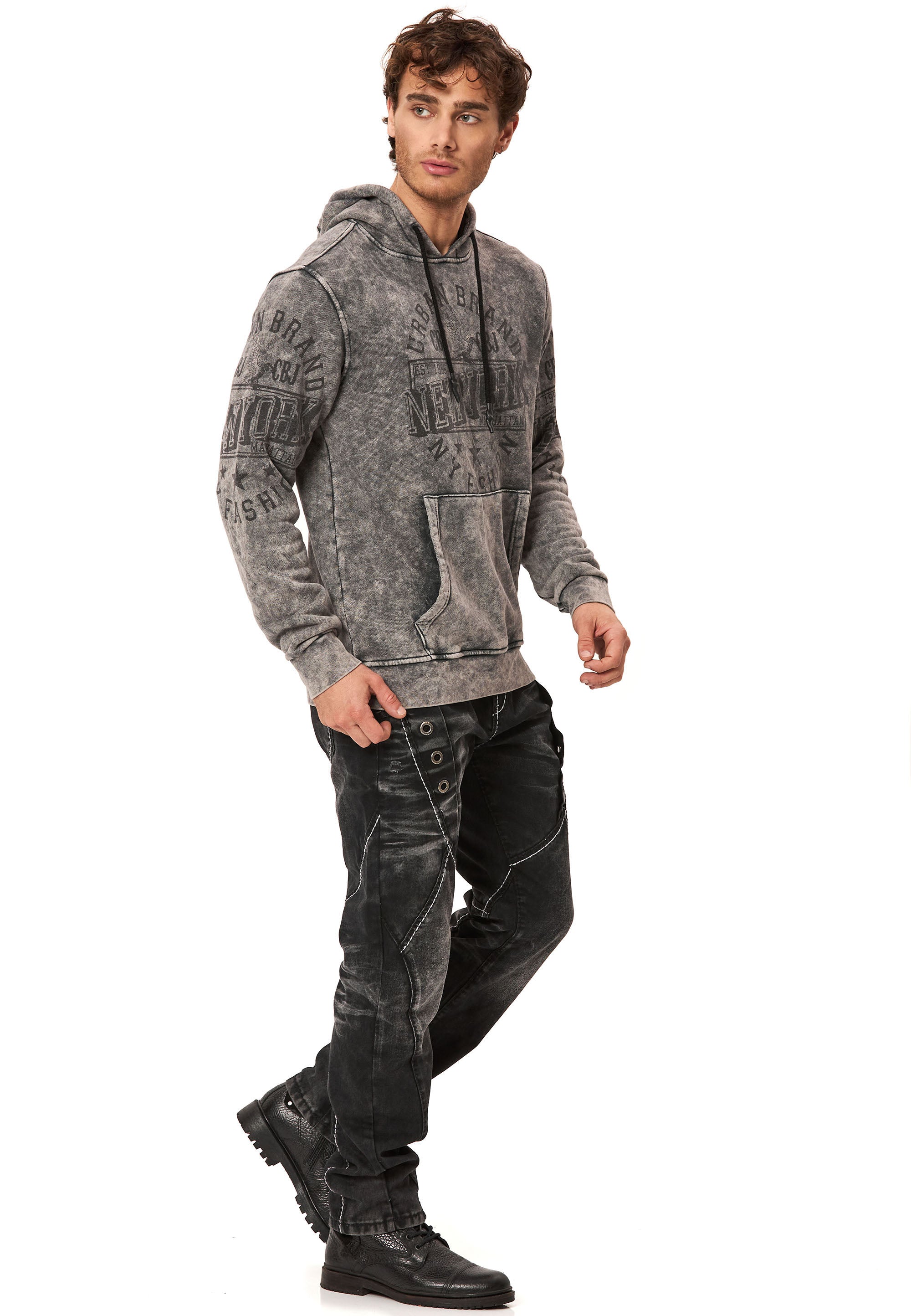 CL596 Men's Hooded Sweatshirt – City Print Acid Wash Hoodie, New York-Inspired Streetwear