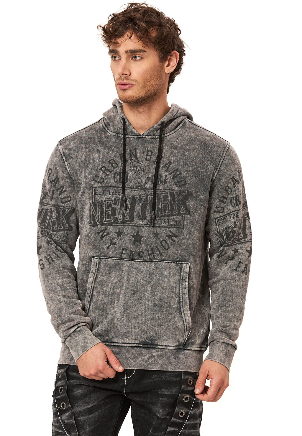 CL596 Men's Hooded Sweatshirt – City Print Acid Wash Hoodie, New York-Inspired Streetwear