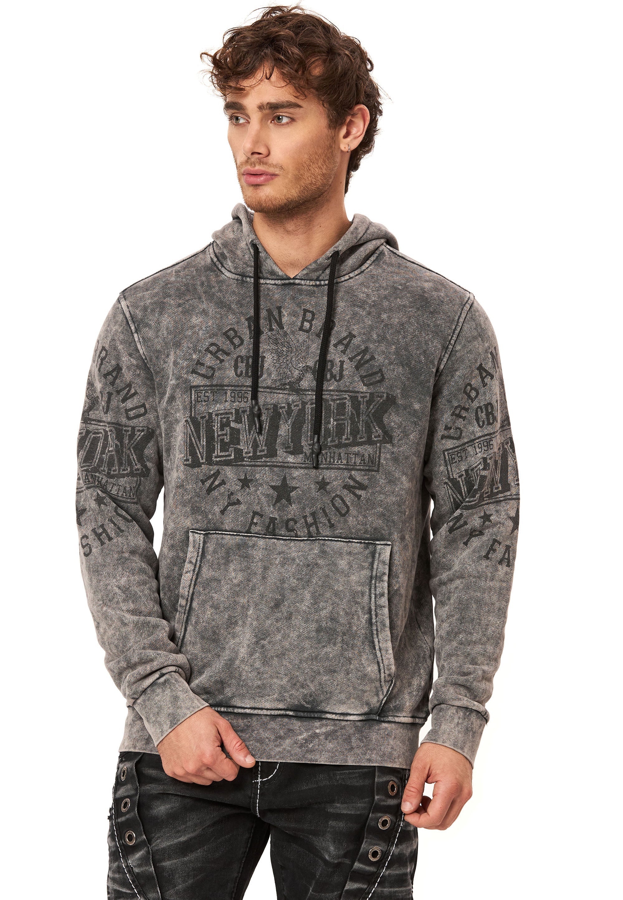 CL596 Men's Hooded Sweatshirt – City Print Acid Wash Hoodie, New York-Inspired Streetwear