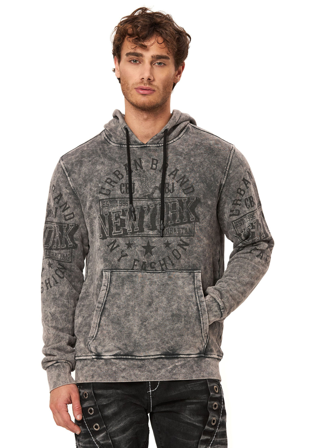 CL596 Men's Hooded Sweatshirt – City Print Acid Wash Hoodie, New York-Inspired Streetwear
