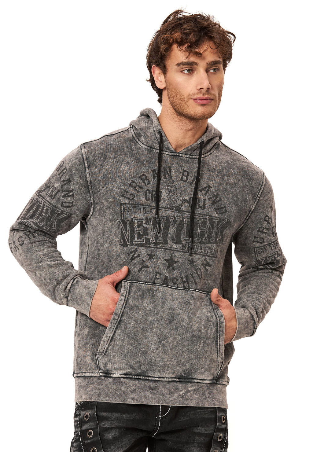CL596 Men's Hooded Sweatshirt – City Print Acid Wash Hoodie, New York-Inspired Streetwear