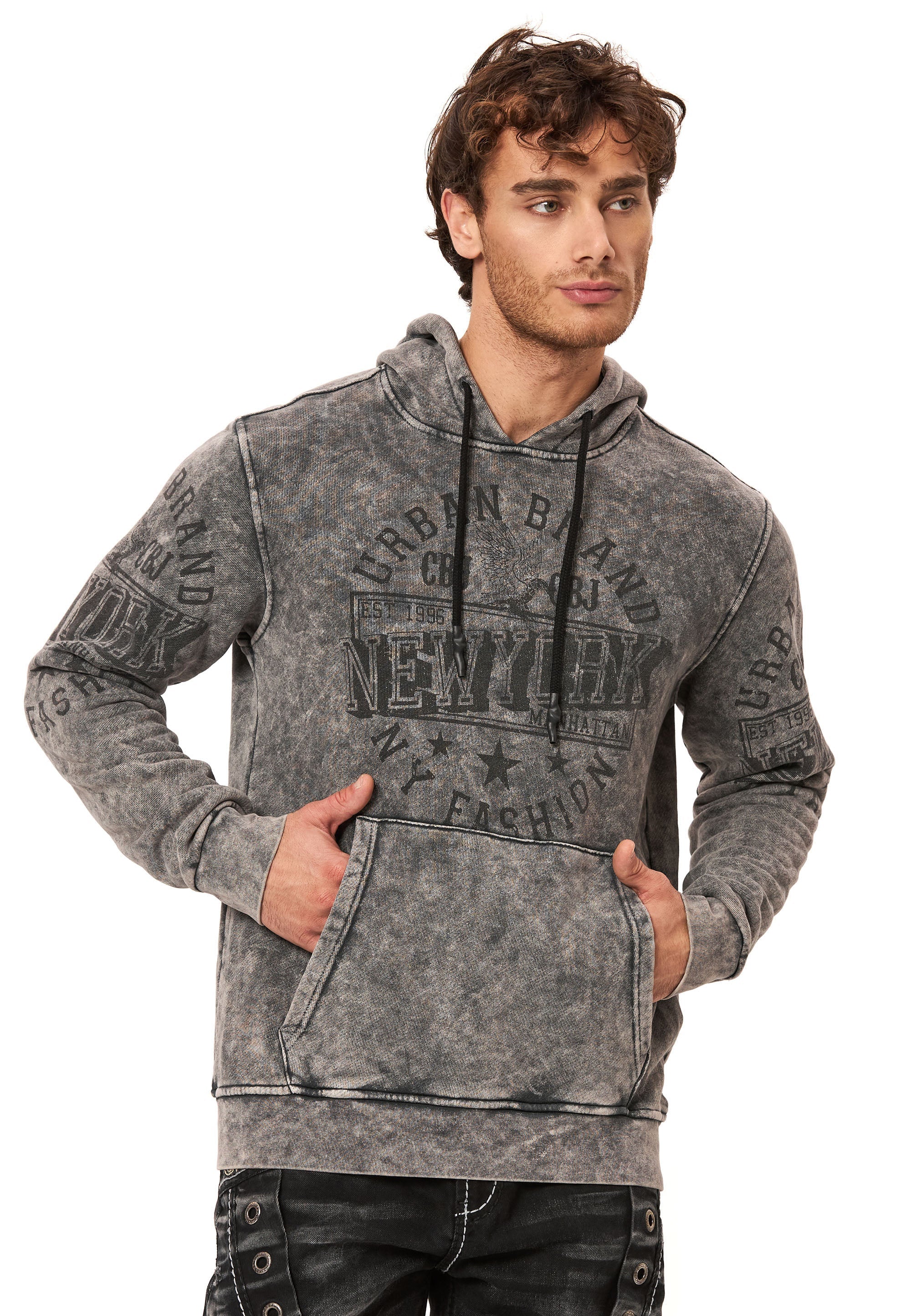 CL596 Men's Hooded Sweatshirt – City Print Acid Wash Hoodie, New York-Inspired Streetwear