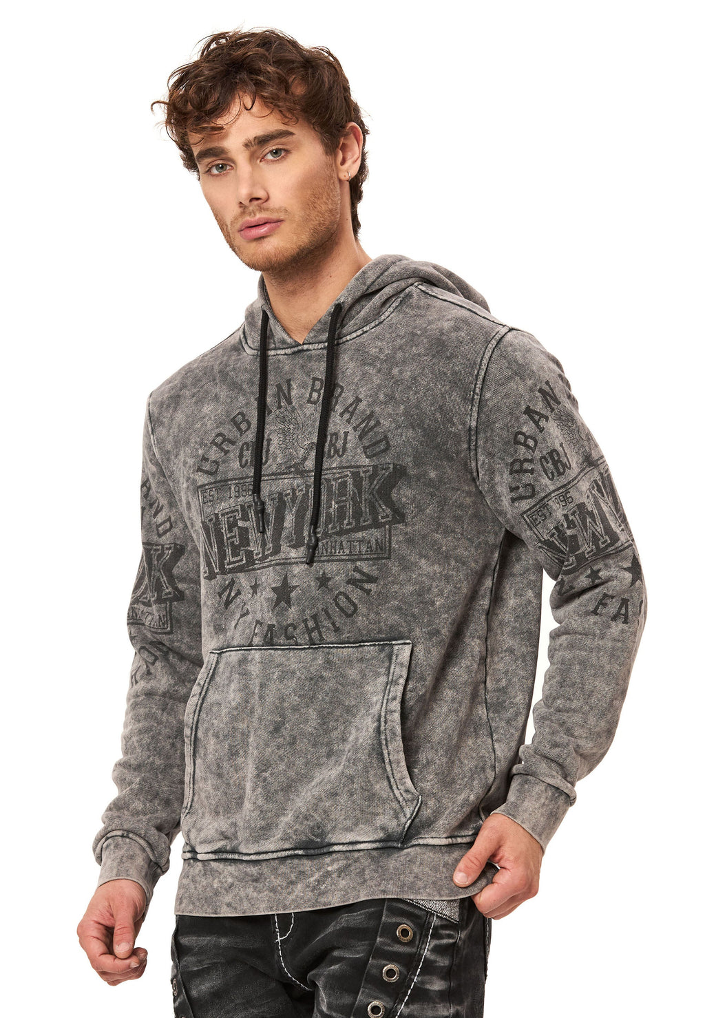 CL596 Men's Hooded Sweatshirt – City Print Acid Wash Hoodie, New York-Inspired Streetwear