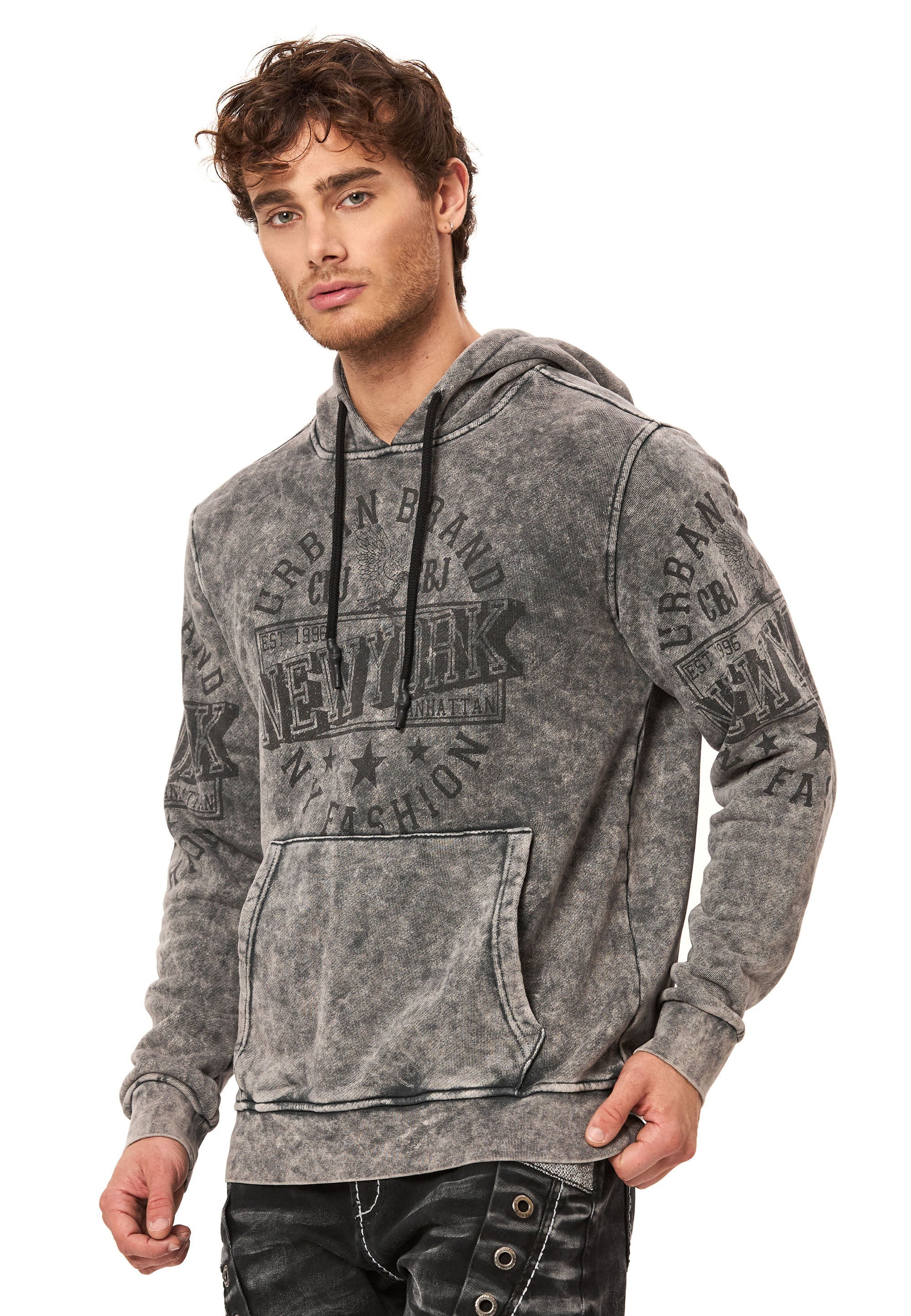 CL596 Men's Hooded Sweatshirt – City Print Acid Wash Hoodie, New York-Inspired Streetwear