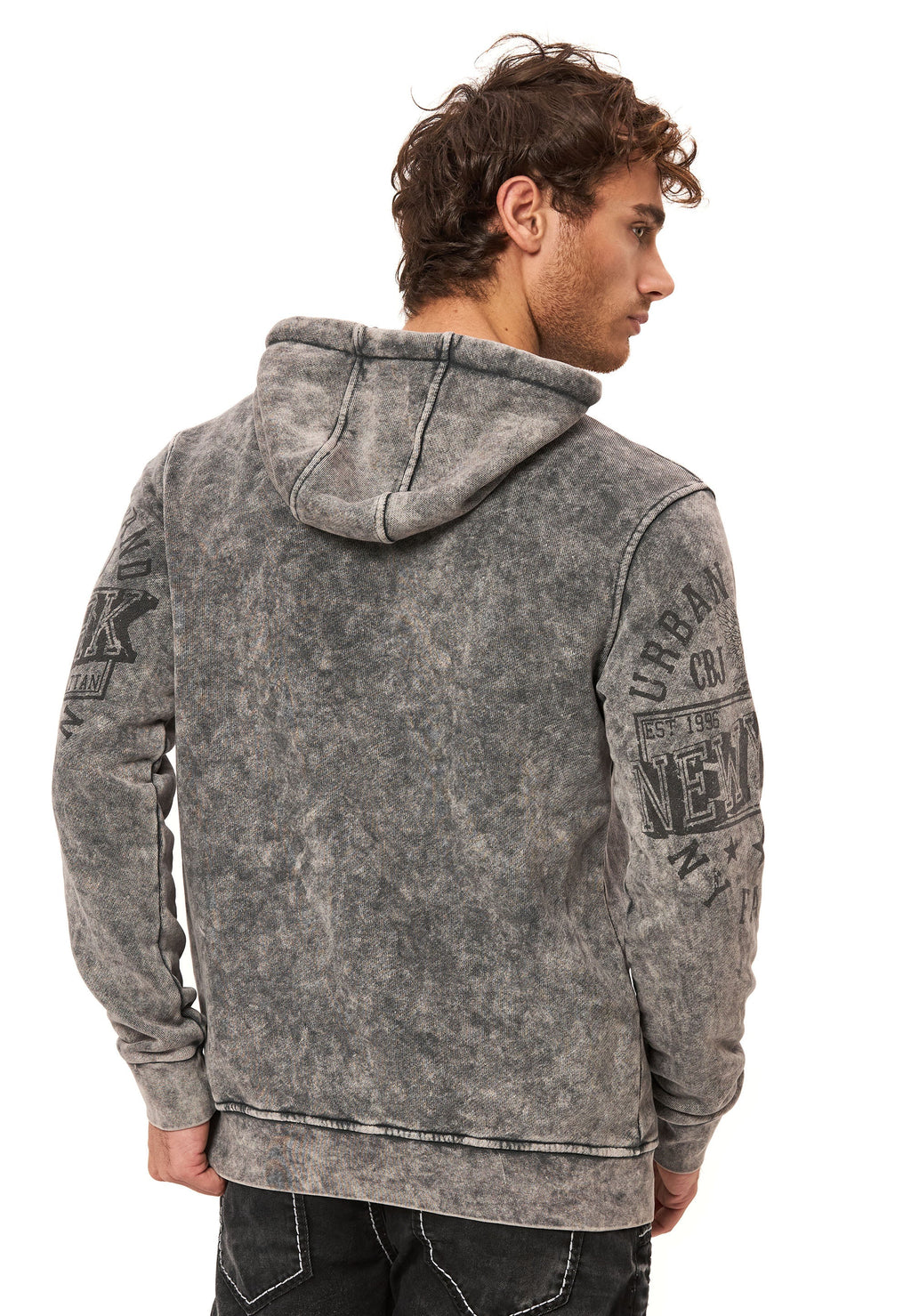 CL596 Men's Hooded Sweatshirt – City Print Acid Wash Hoodie, New York-Inspired Streetwear
