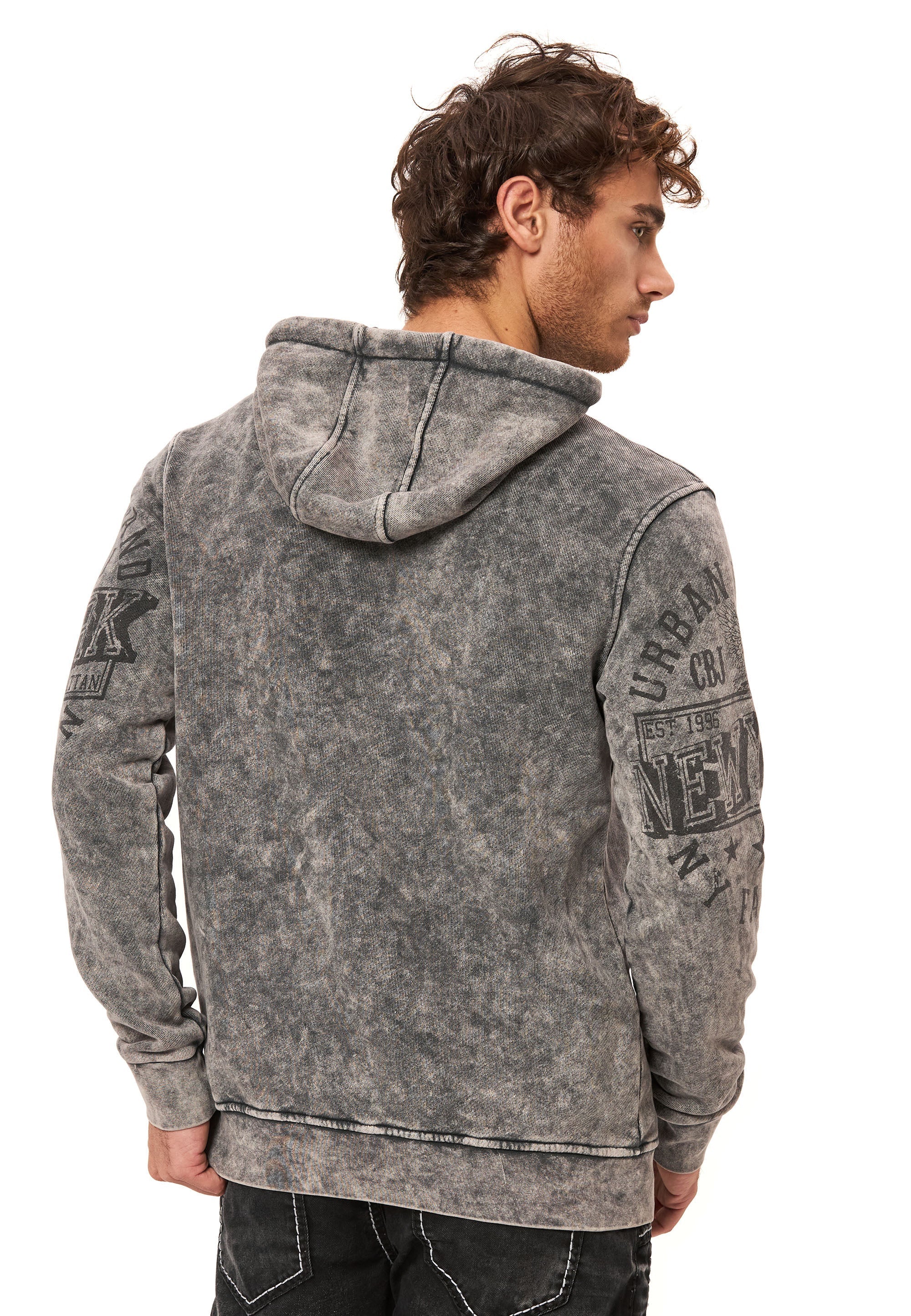 CL596 Men's Hooded Sweatshirt – City Print Acid Wash Hoodie, New York-Inspired Streetwear