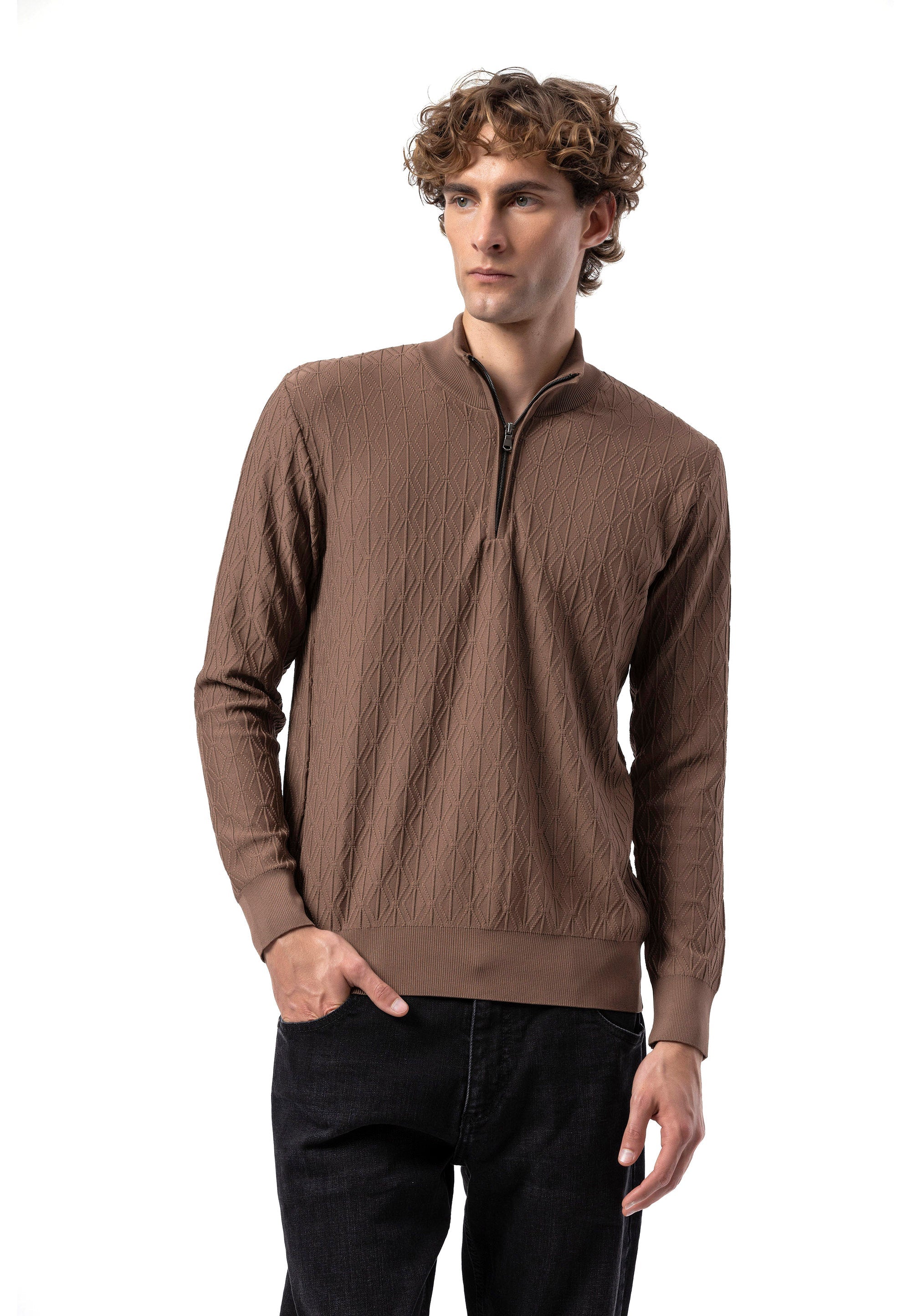 BP204 Men's Half-Zip Patterned Knit Sweater
