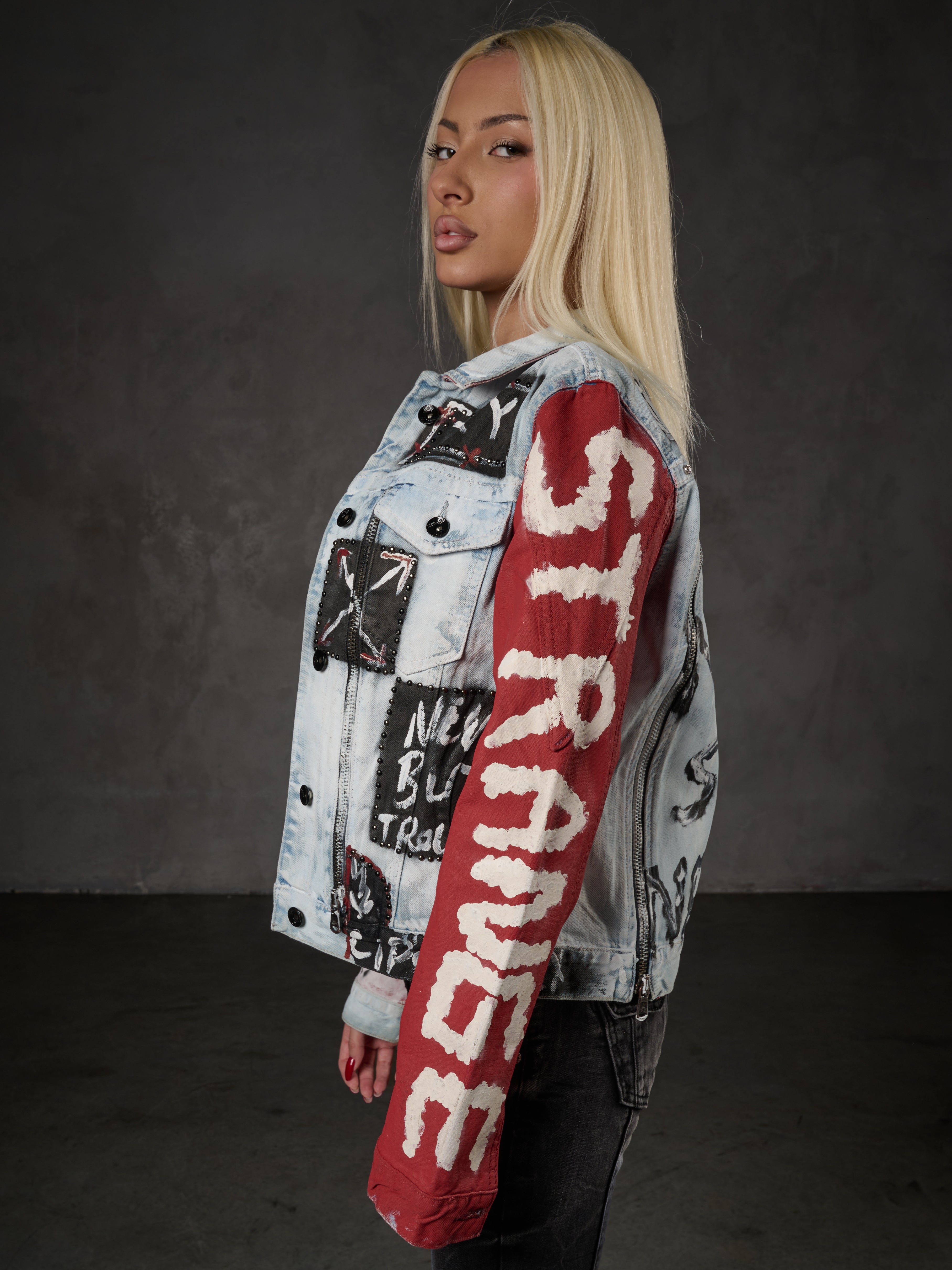 WJ162 Women's Ice Blue Printed Denim Jacket