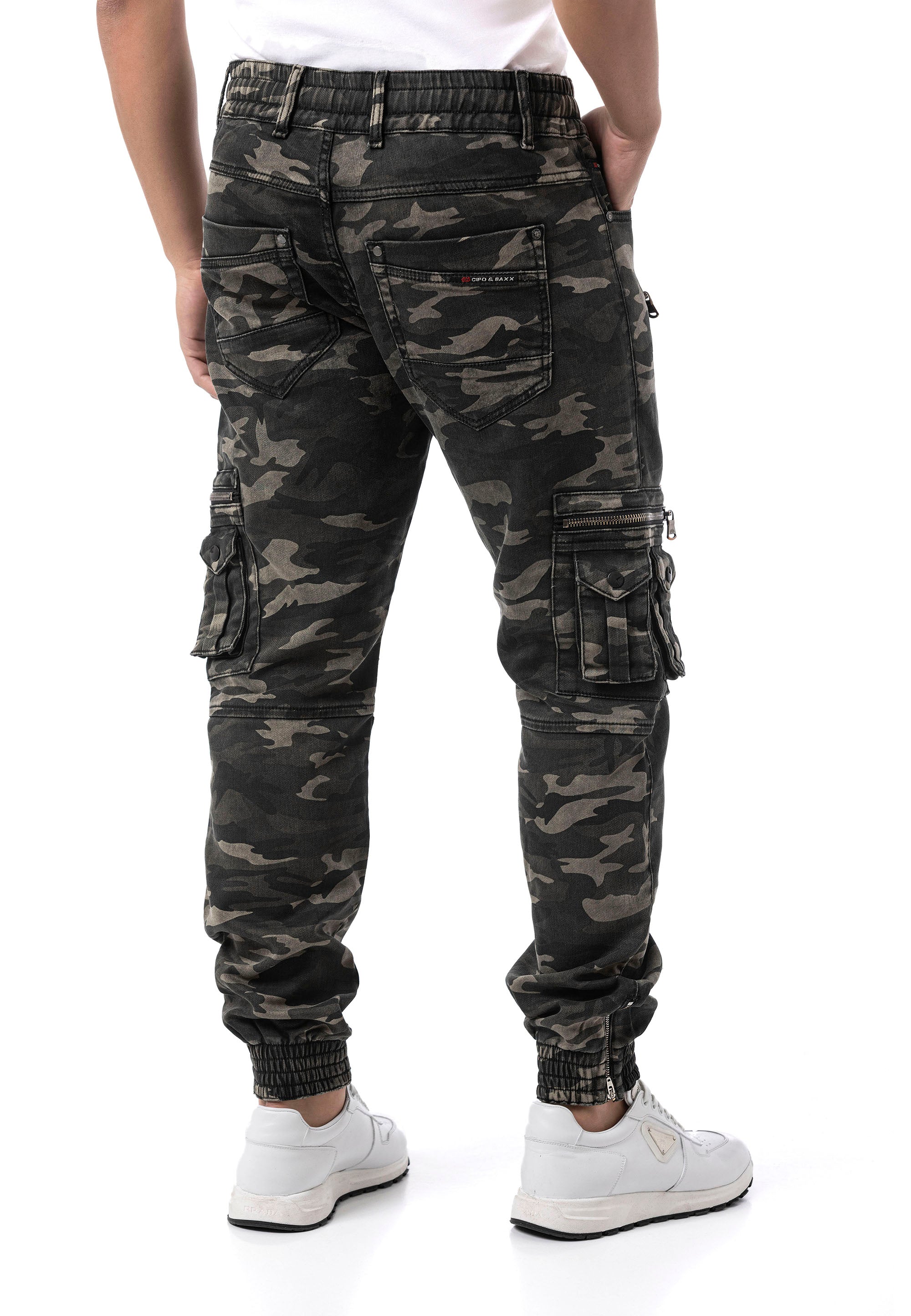 CD908 Men's Camo Zip Multi-Pocket Cargo Joggers