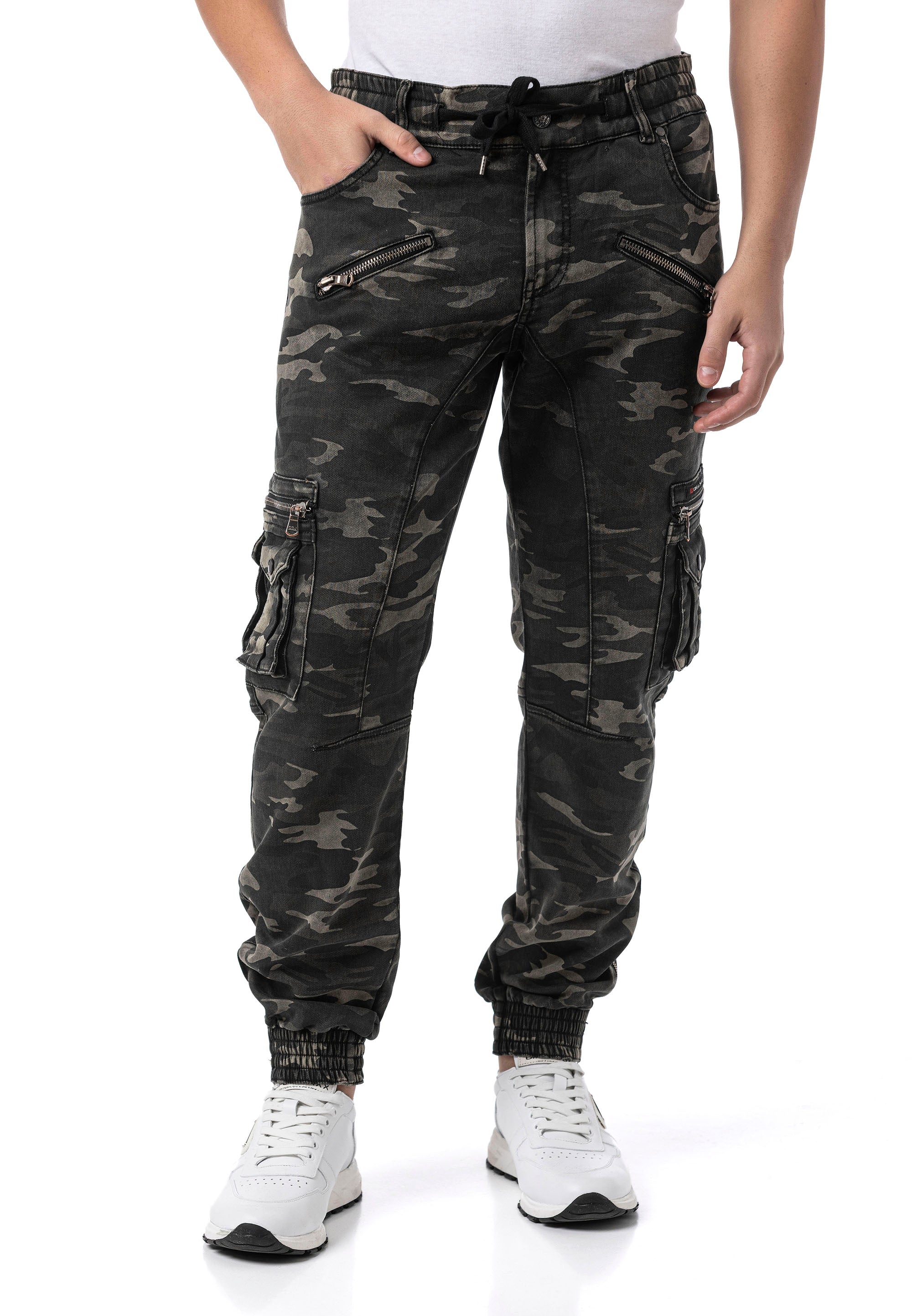 CD908 Men's Camo Zip Multi-Pocket Cargo Joggers