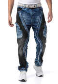 CD909 Men's Loose Fit Contrast Panel Cargo Pocket Distressed Denim Jeans