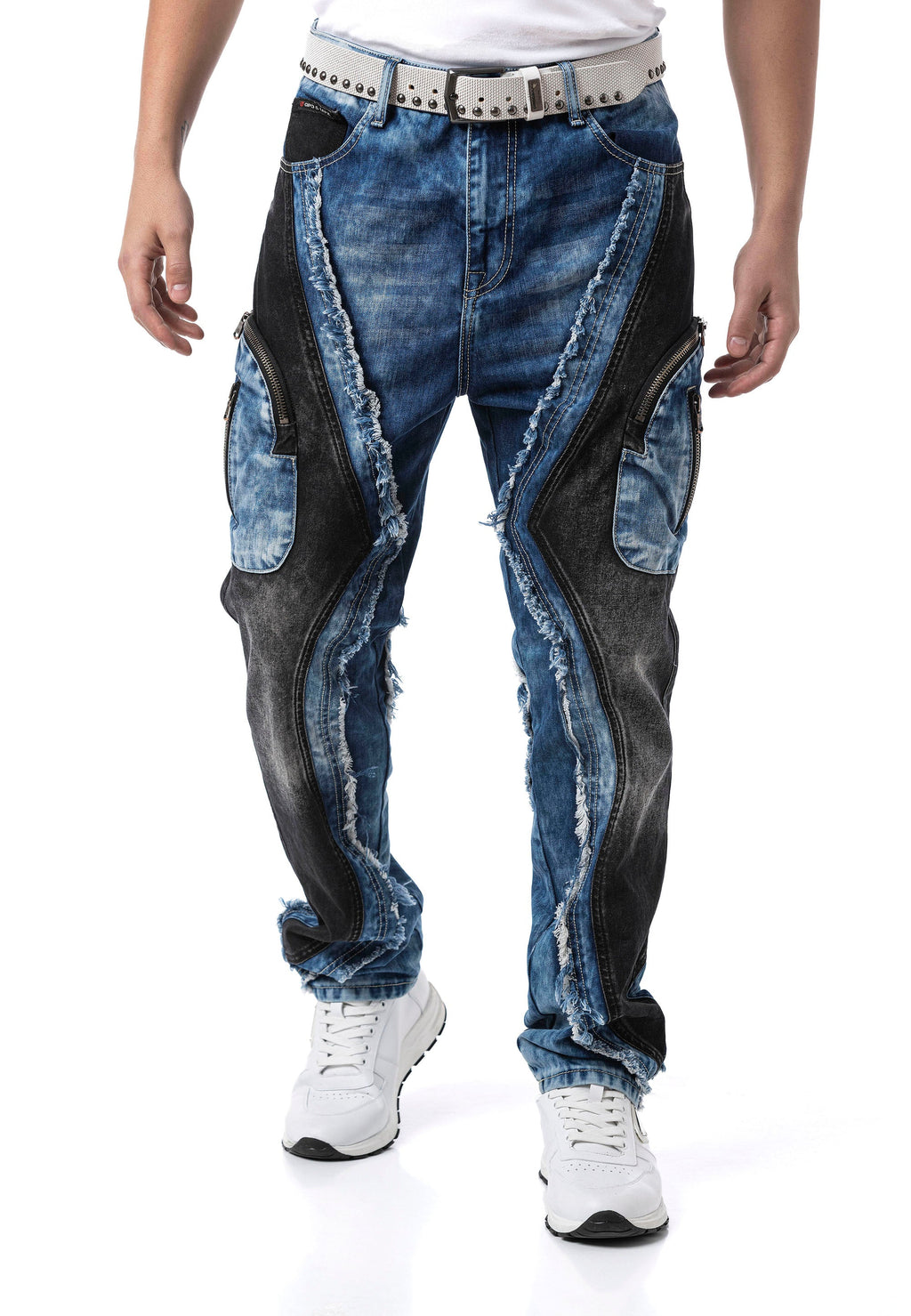 CD909 Men's Loose Fit Contrast Panel Cargo Pocket Distressed Denim Jeans