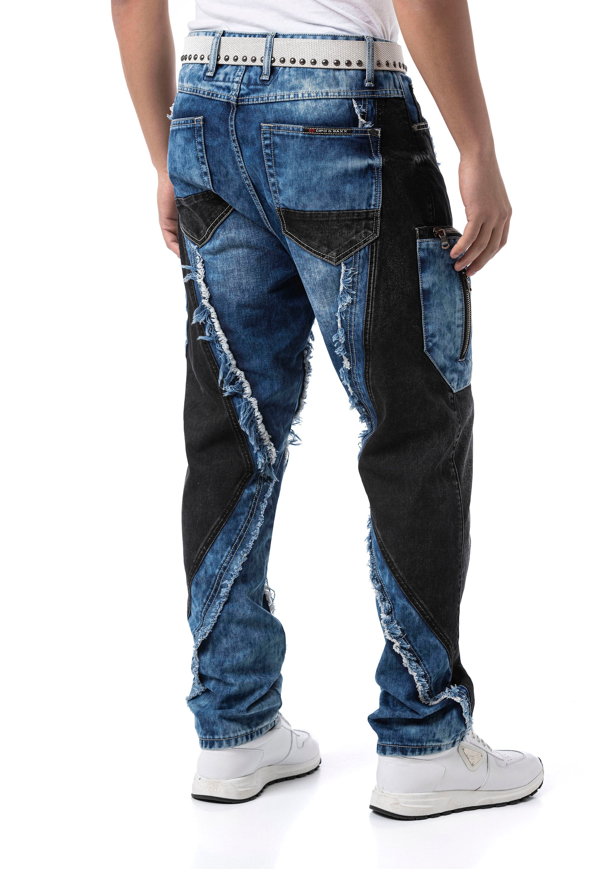 CD909 Men's Loose Fit Contrast Panel Cargo Pocket Distressed Denim Jeans