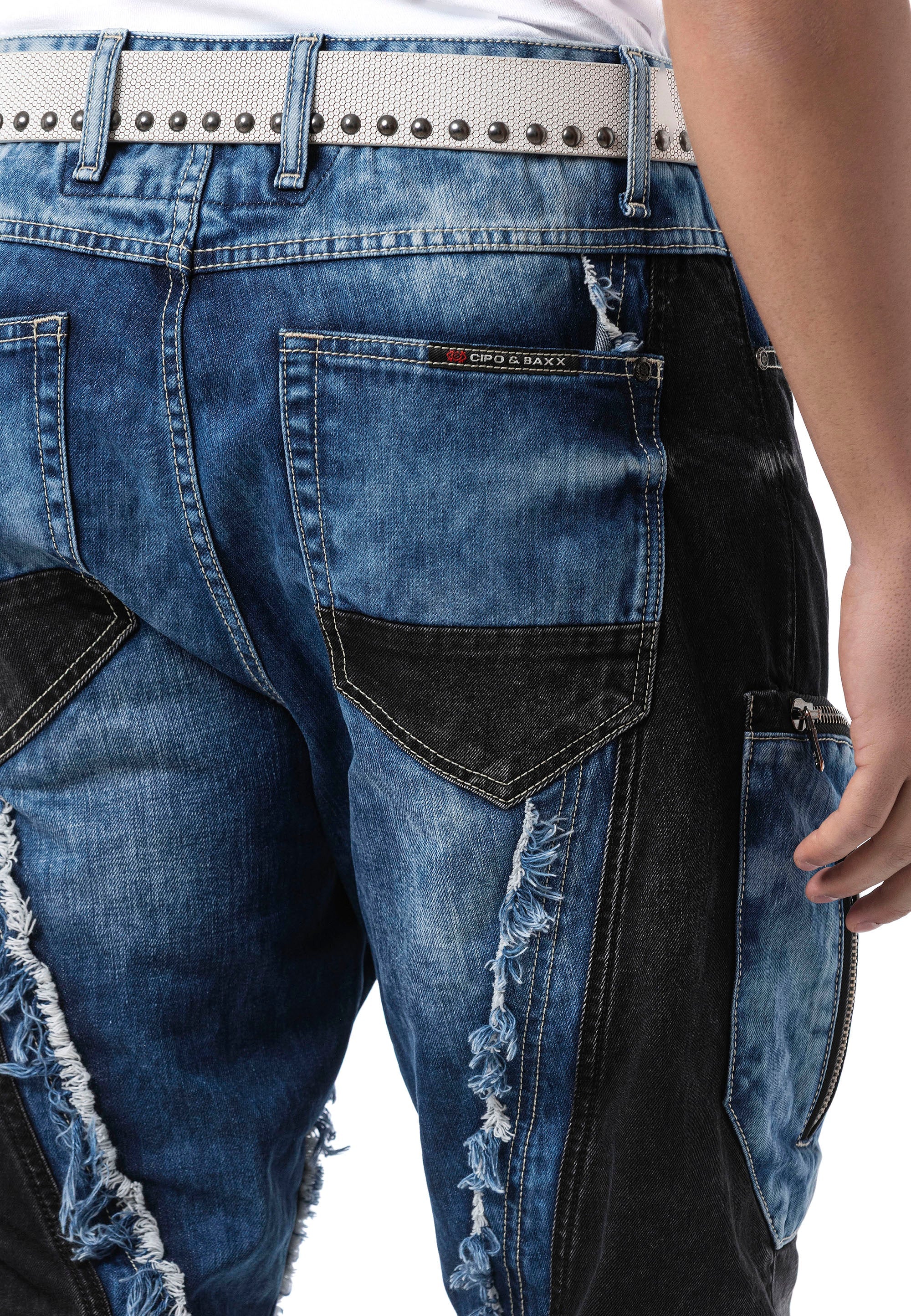 CD909 Men's Loose Fit Contrast Panel Cargo Pocket Distressed Denim Jeans