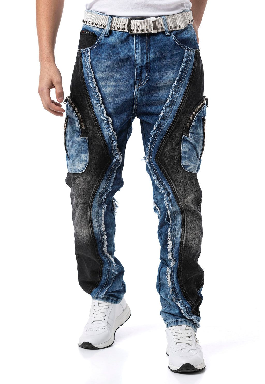 CD909 Men's Loose Fit Contrast Panel Cargo Pocket Distressed Denim Jeans