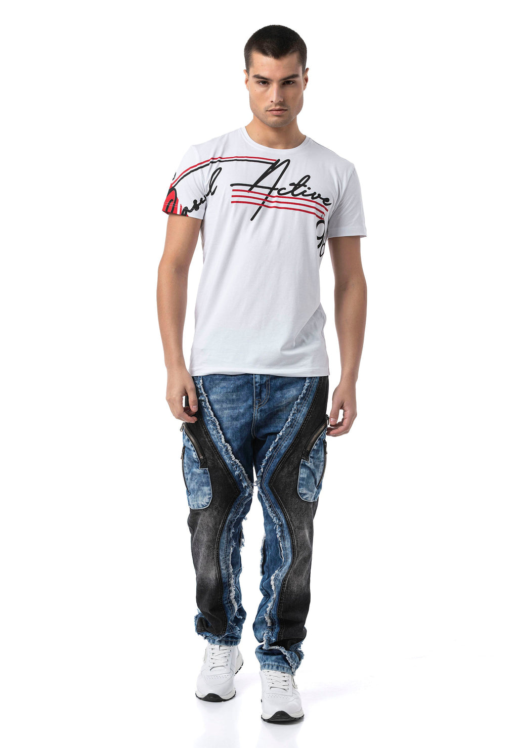 CD909 Men's Loose Fit Contrast Panel Cargo Pocket Distressed Denim Jeans