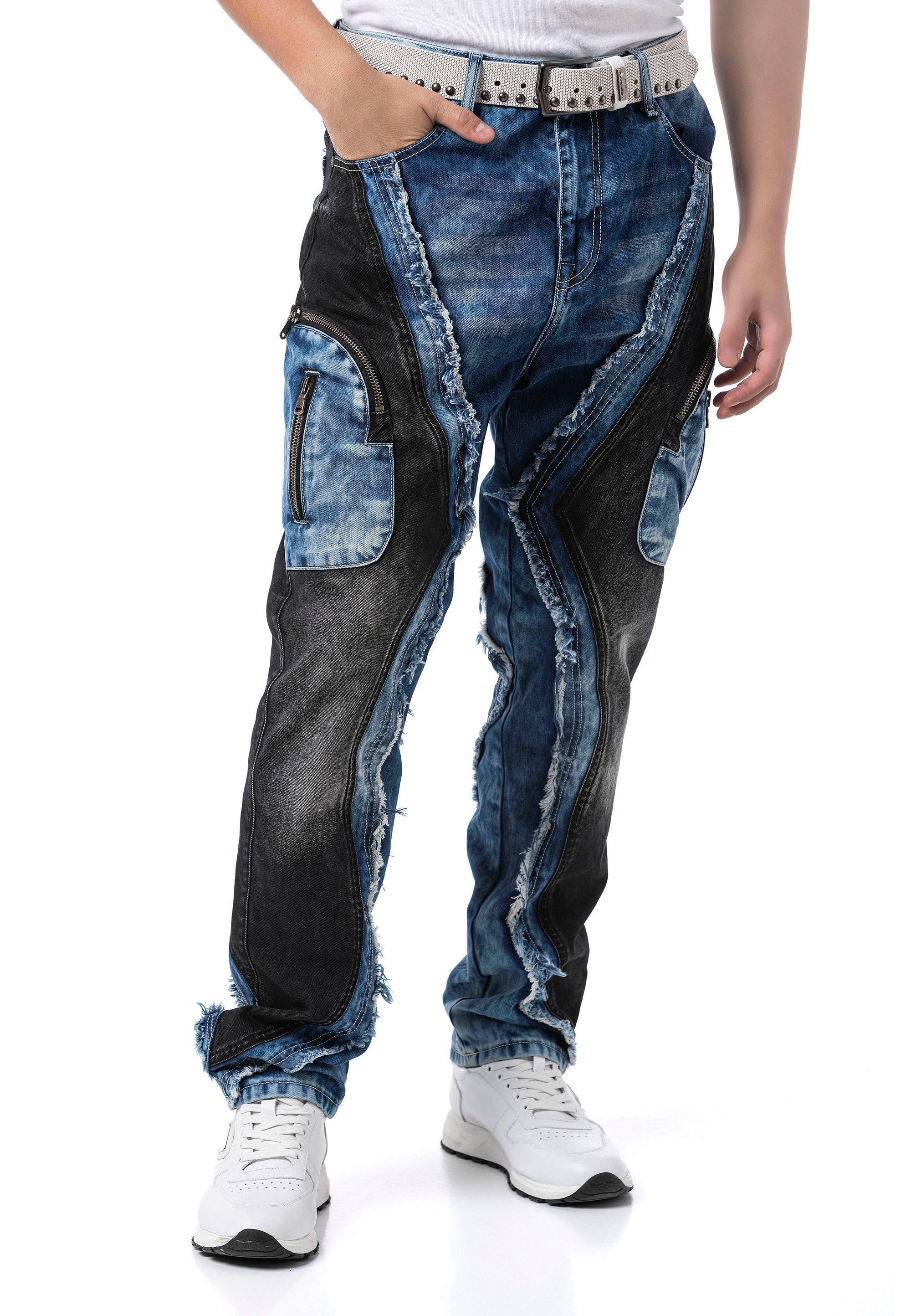 CD909 Men's Loose Fit Contrast Panel Cargo Pocket Distressed Denim Jeans