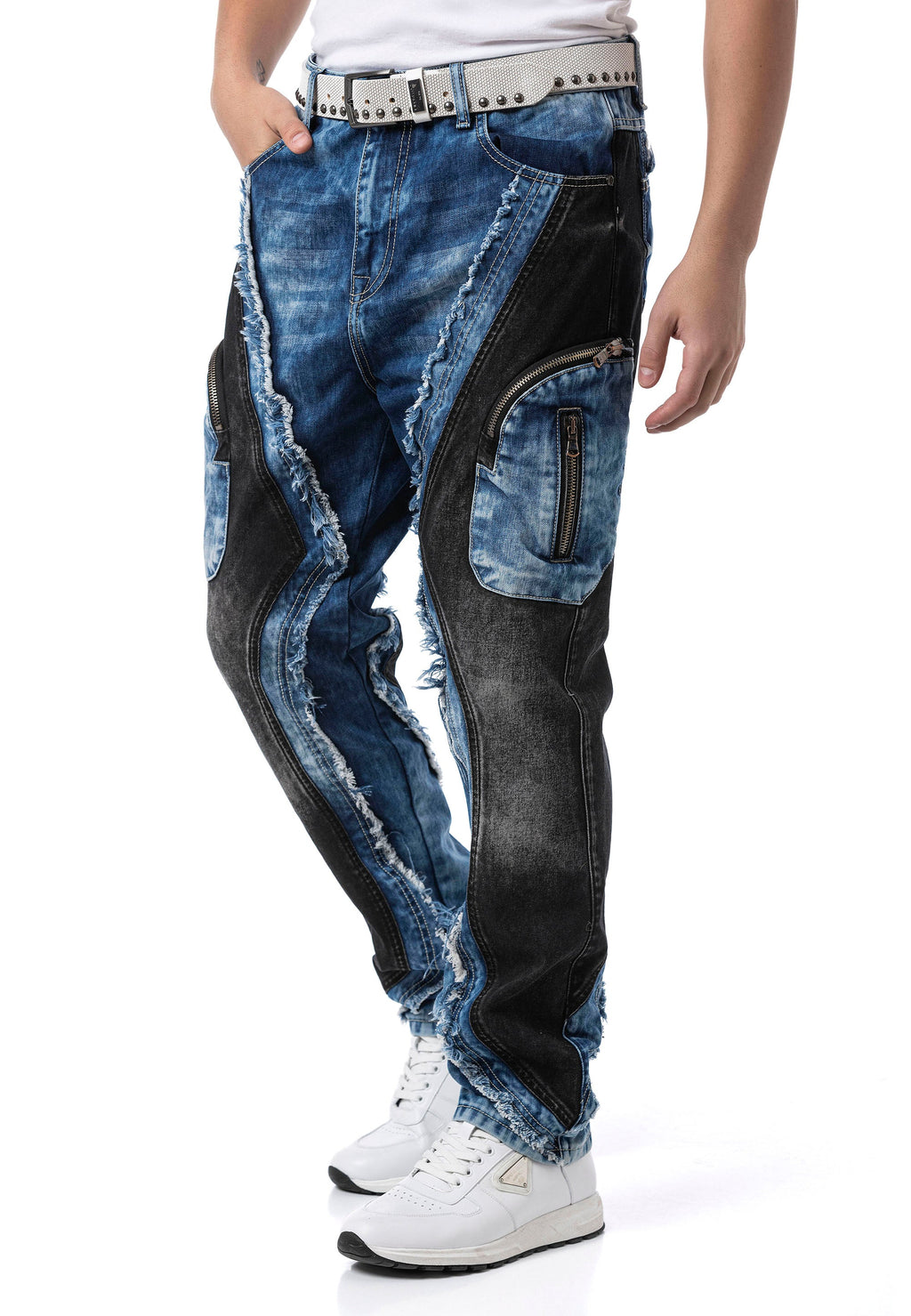 CD909 Men's Loose Fit Contrast Panel Cargo Pocket Distressed Denim Jeans