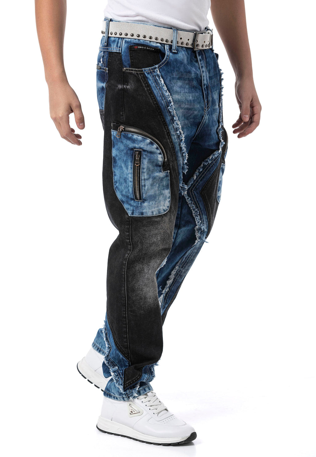 CD909 Men's Loose Fit Contrast Panel Cargo Pocket Distressed Denim Jeans
