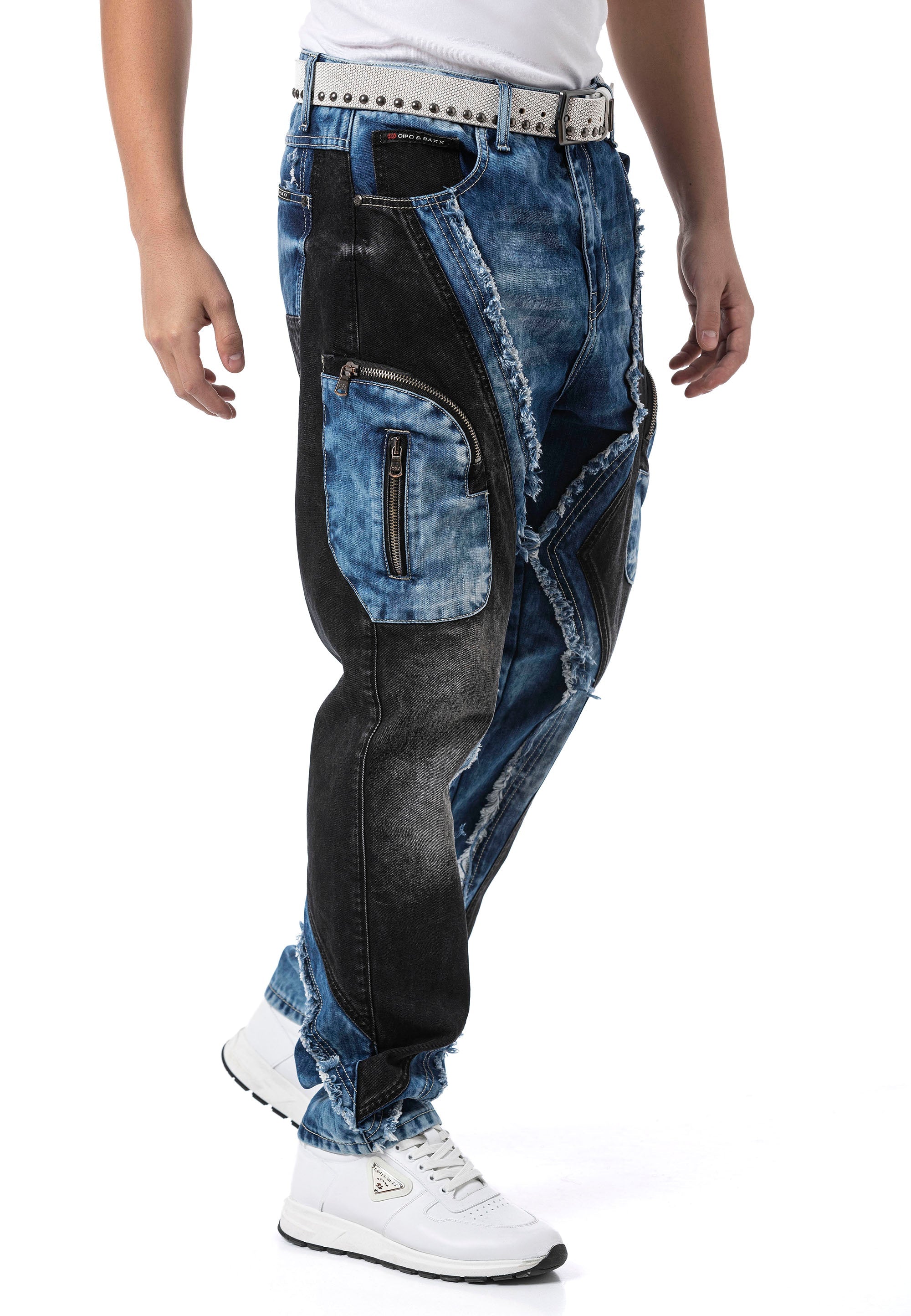 CD909 Men's Loose Fit Contrast Panel Cargo Pocket Distressed Denim Jeans