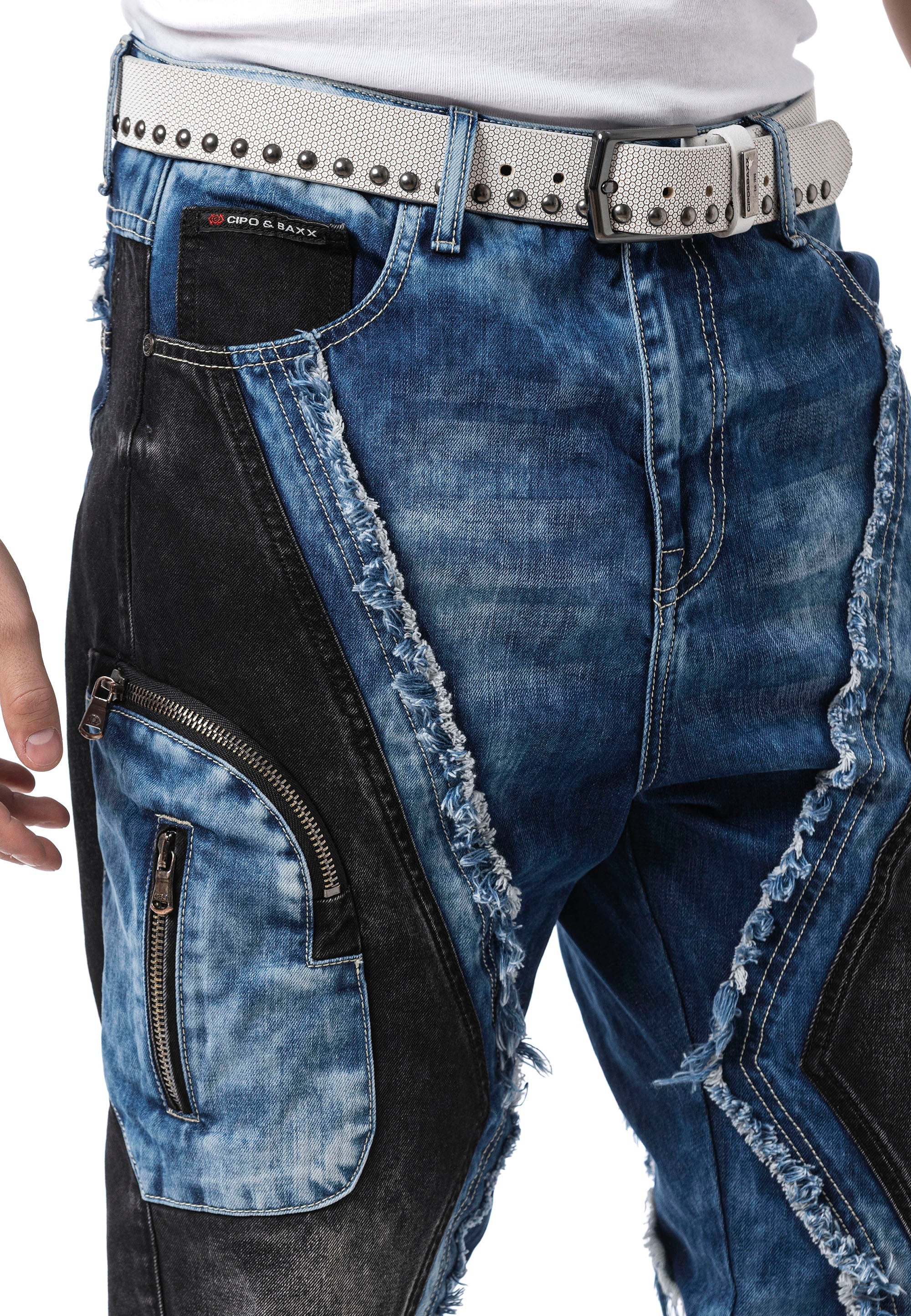 CD909 Men's Loose Fit Contrast Panel Cargo Pocket Distressed Denim Jeans