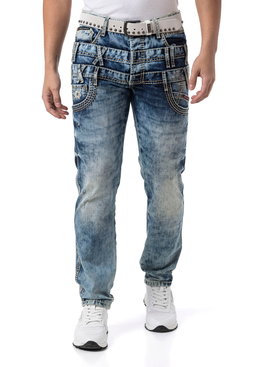 CD910 Men's Regular Fit Design Waistband Washed Denim Jeans