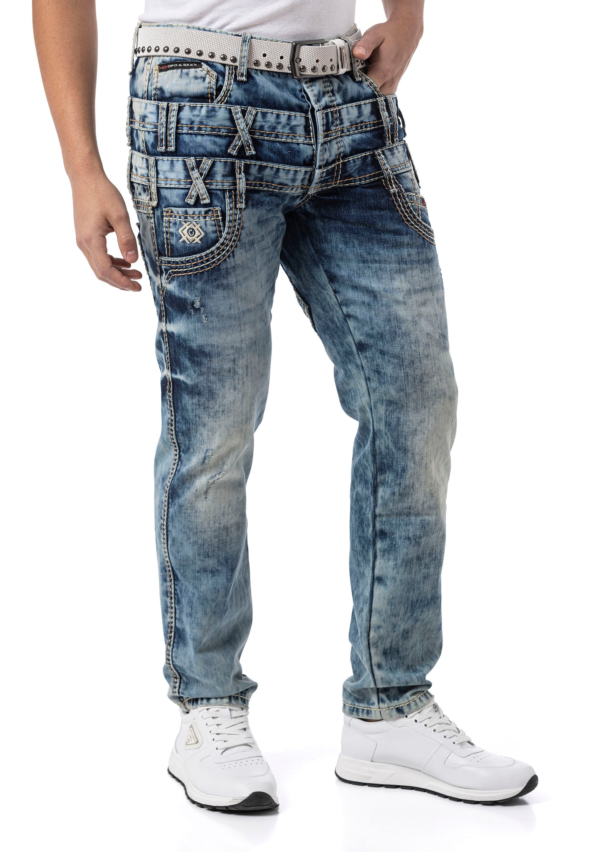 CD910 Men's Regular Fit Design Waistband Washed Denim Jeans
