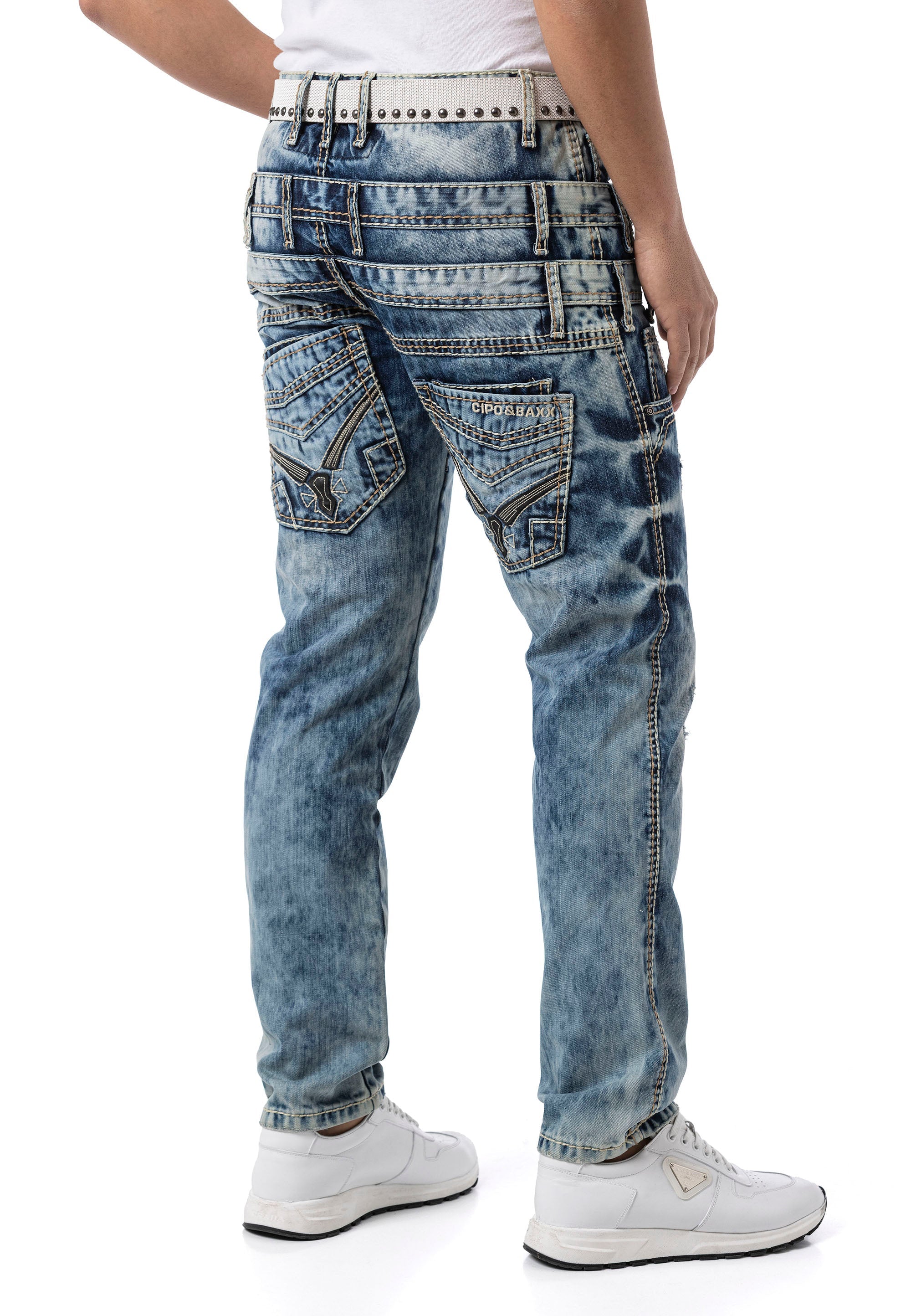 CD910 Men's Regular Fit Design Waistband Washed Denim Jeans