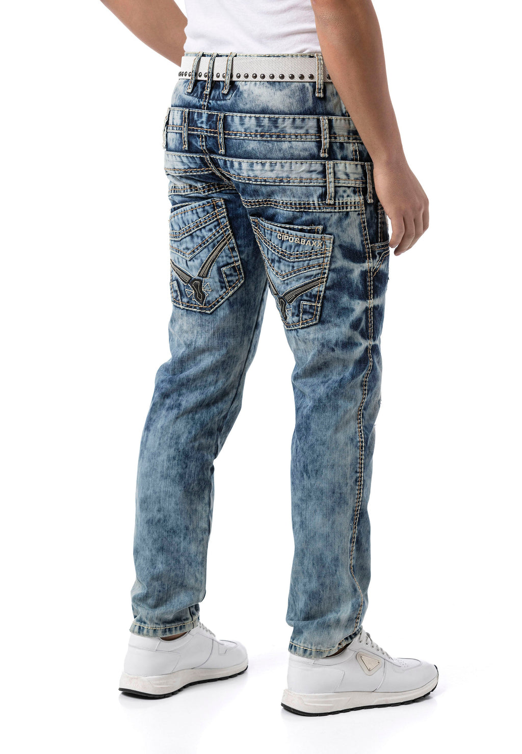 CD910 Men's Regular Fit Design Waistband Washed Denim Jeans