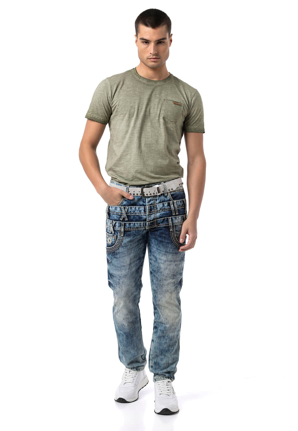 CD910 Men's Regular Fit Design Waistband Washed Denim Jeans