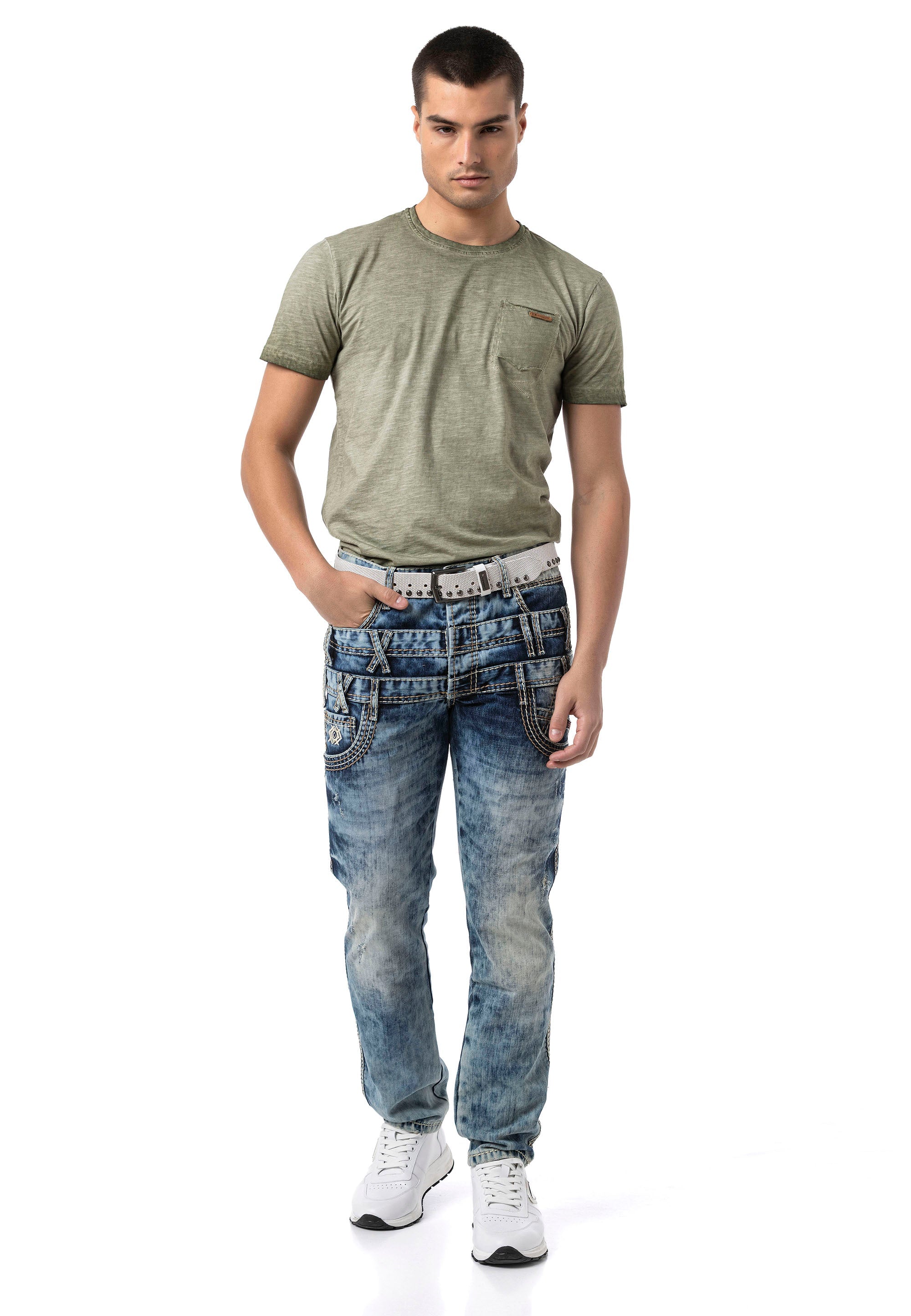 CD910 Men's Regular Fit Design Waistband Washed Denim Jeans