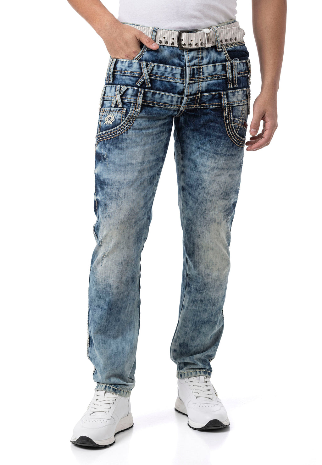 CD910 Men's Regular Fit Design Waistband Washed Denim Jeans
