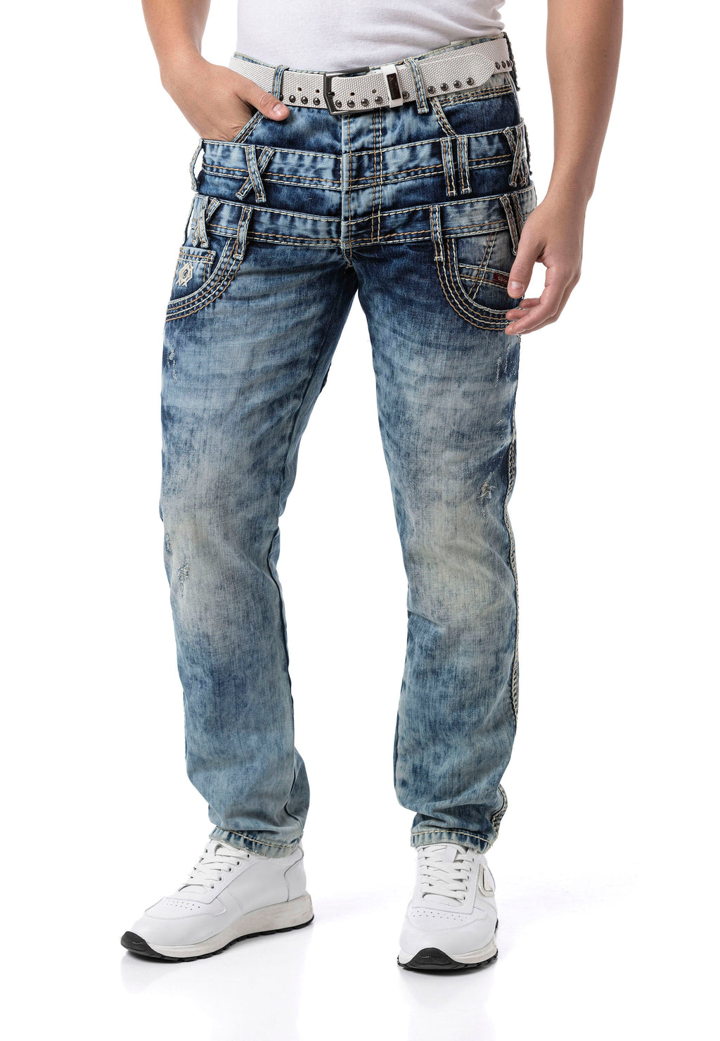 CD910 Men's Regular Fit Design Waistband Washed Denim Jeans