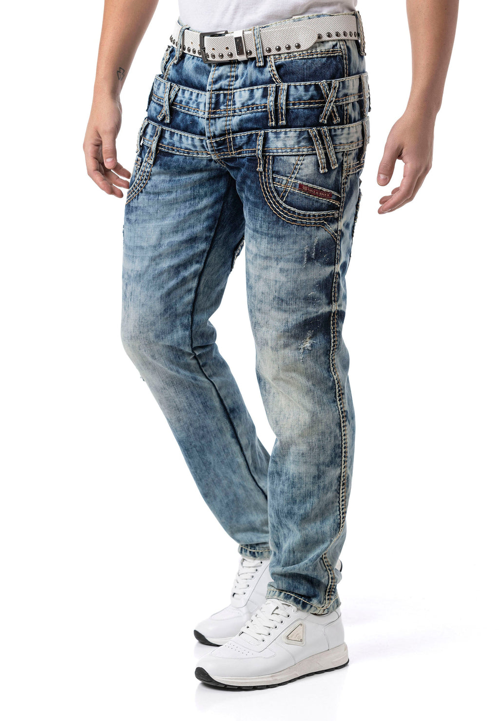 CD910 Men's Regular Fit Design Waistband Washed Denim Jeans