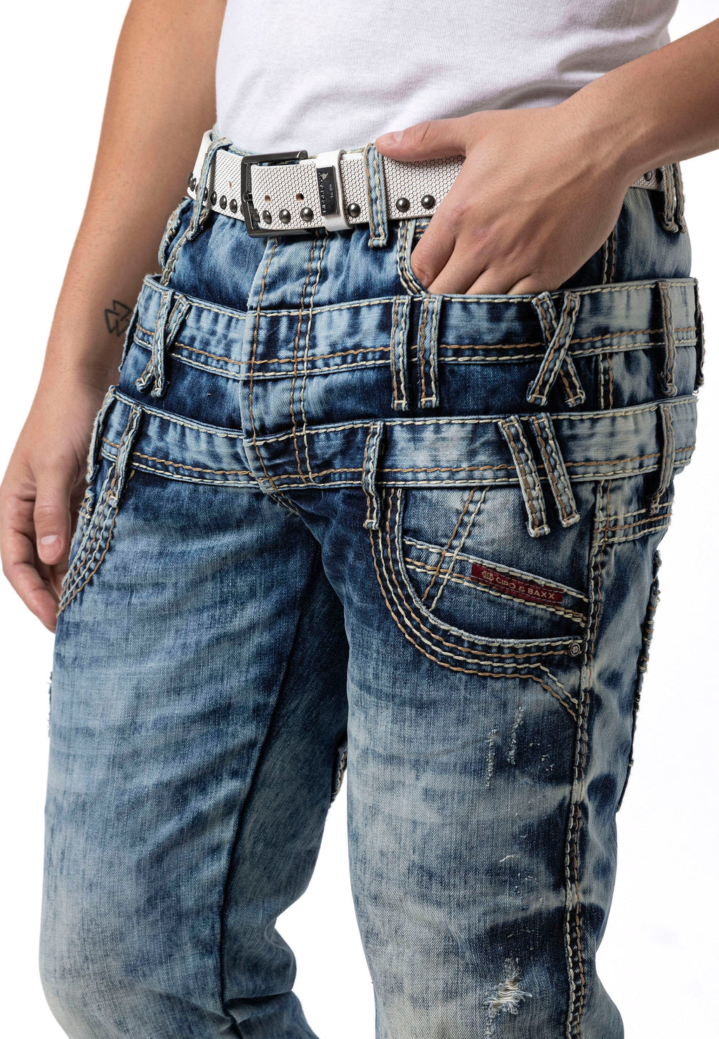 CD910 Men's Regular Fit Design Waistband Washed Denim Jeans