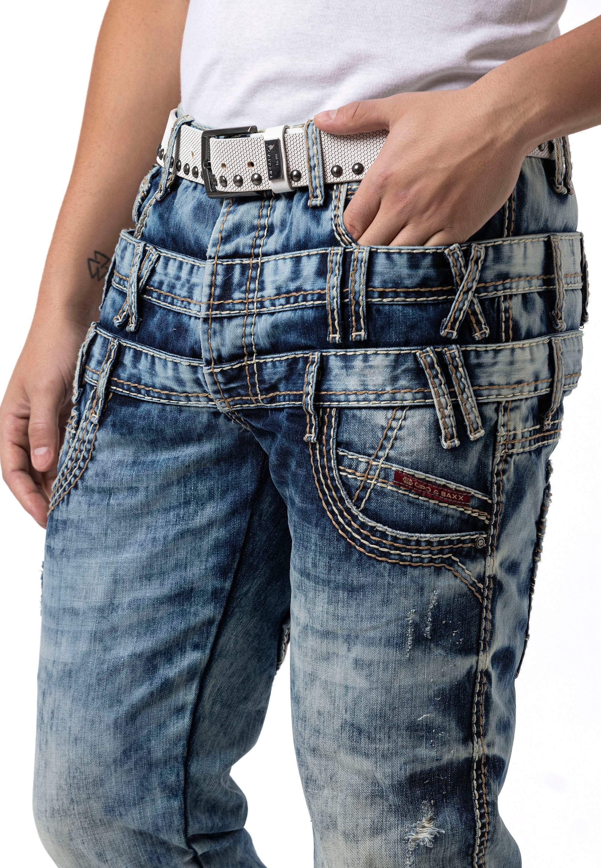 CD910 Men's Regular Fit Design Waistband Washed Denim Jeans