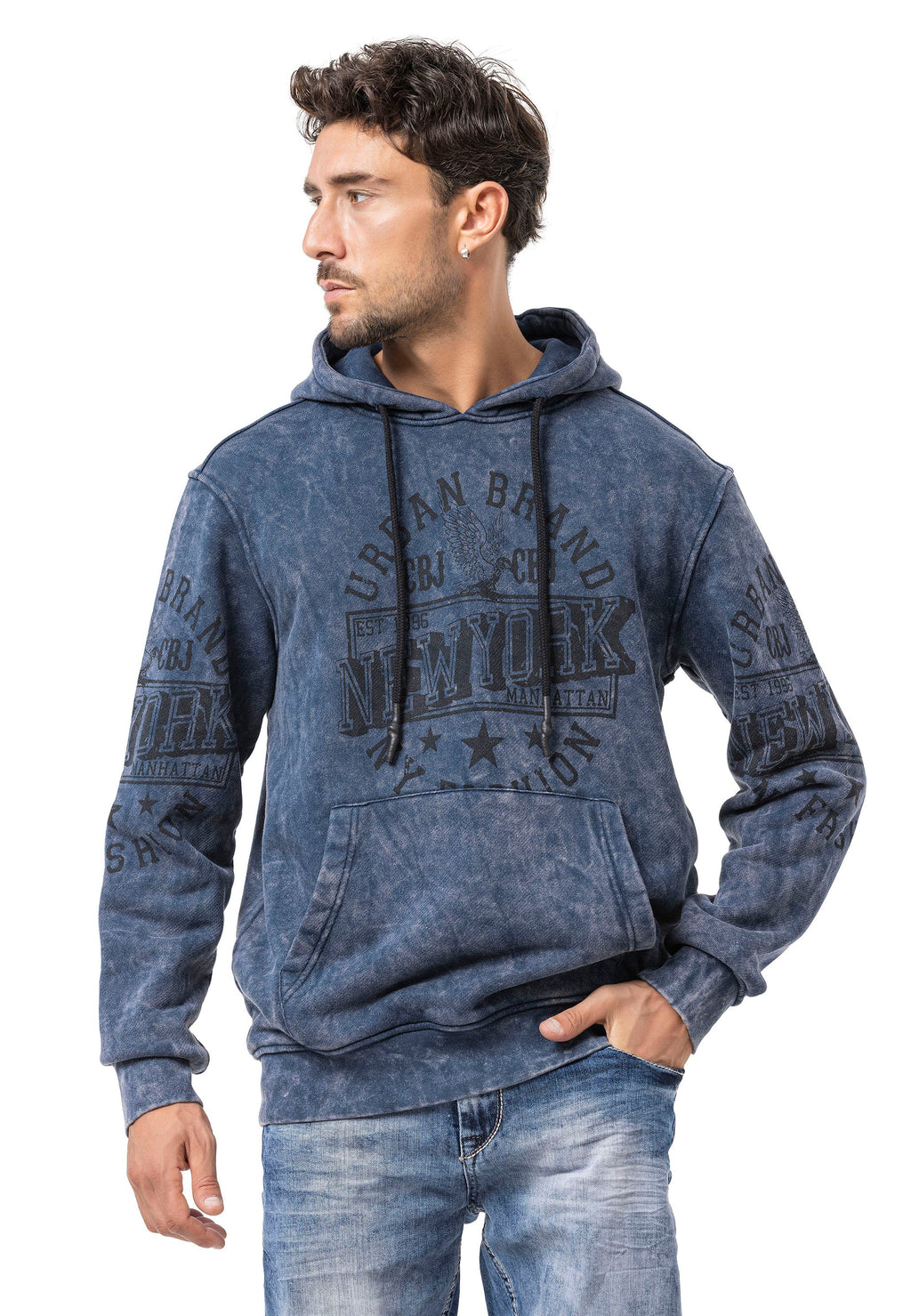 CL596 Men's Hooded Sweatshirt – City Print Acid Wash Hoodie, New York-Inspired Streetwear