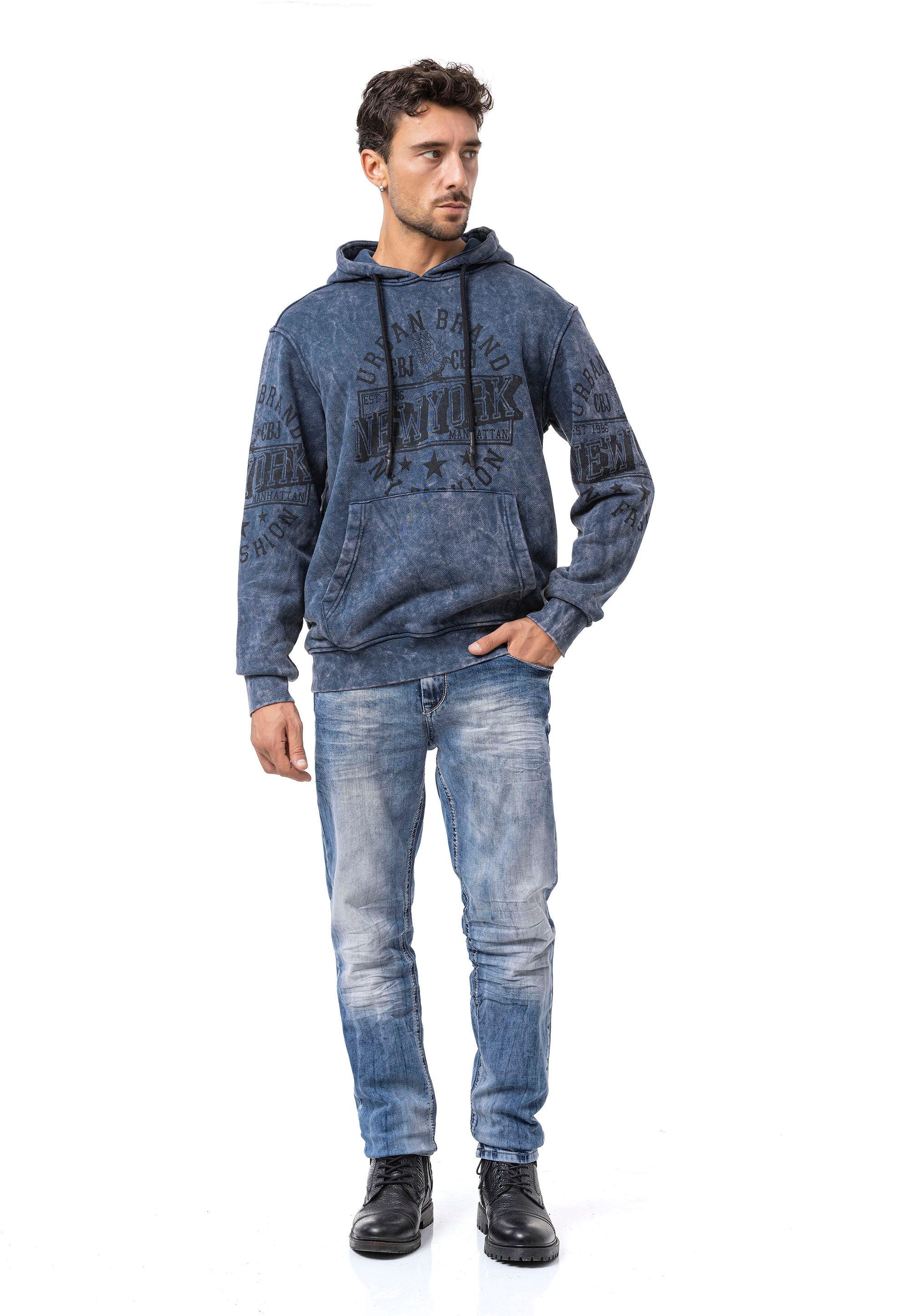 CL596 Men's Hooded Sweatshirt – City Print Acid Wash Hoodie, New York-Inspired Streetwear