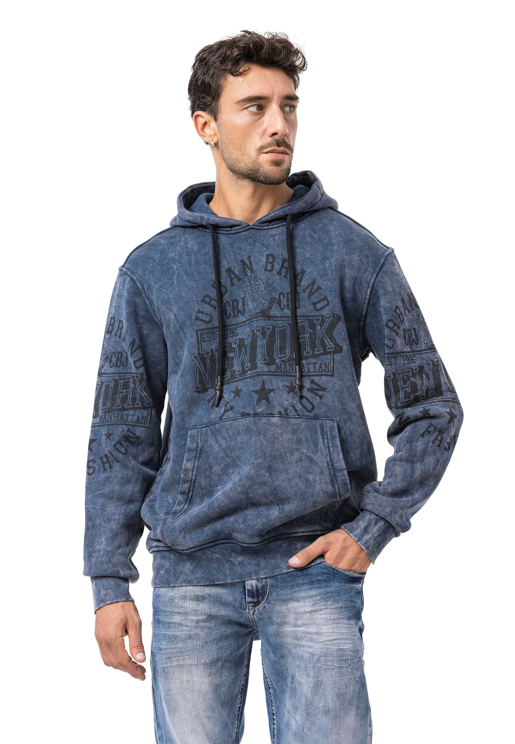 CL596 Men's Hooded Sweatshirt – City Print Acid Wash Hoodie, New York-Inspired Streetwear