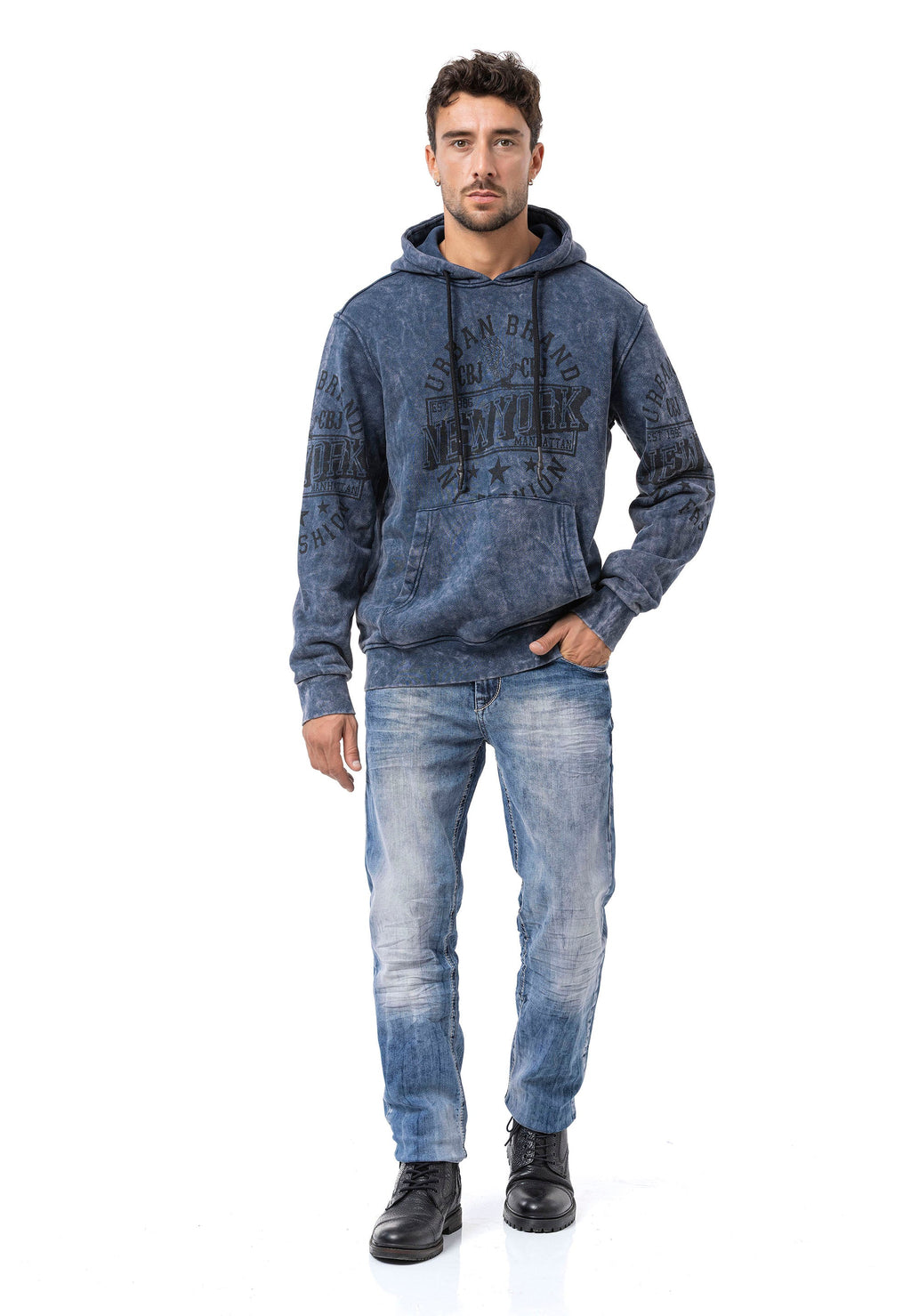 CL596 Men's Hooded Sweatshirt – City Print Acid Wash Hoodie, New York-Inspired Streetwear