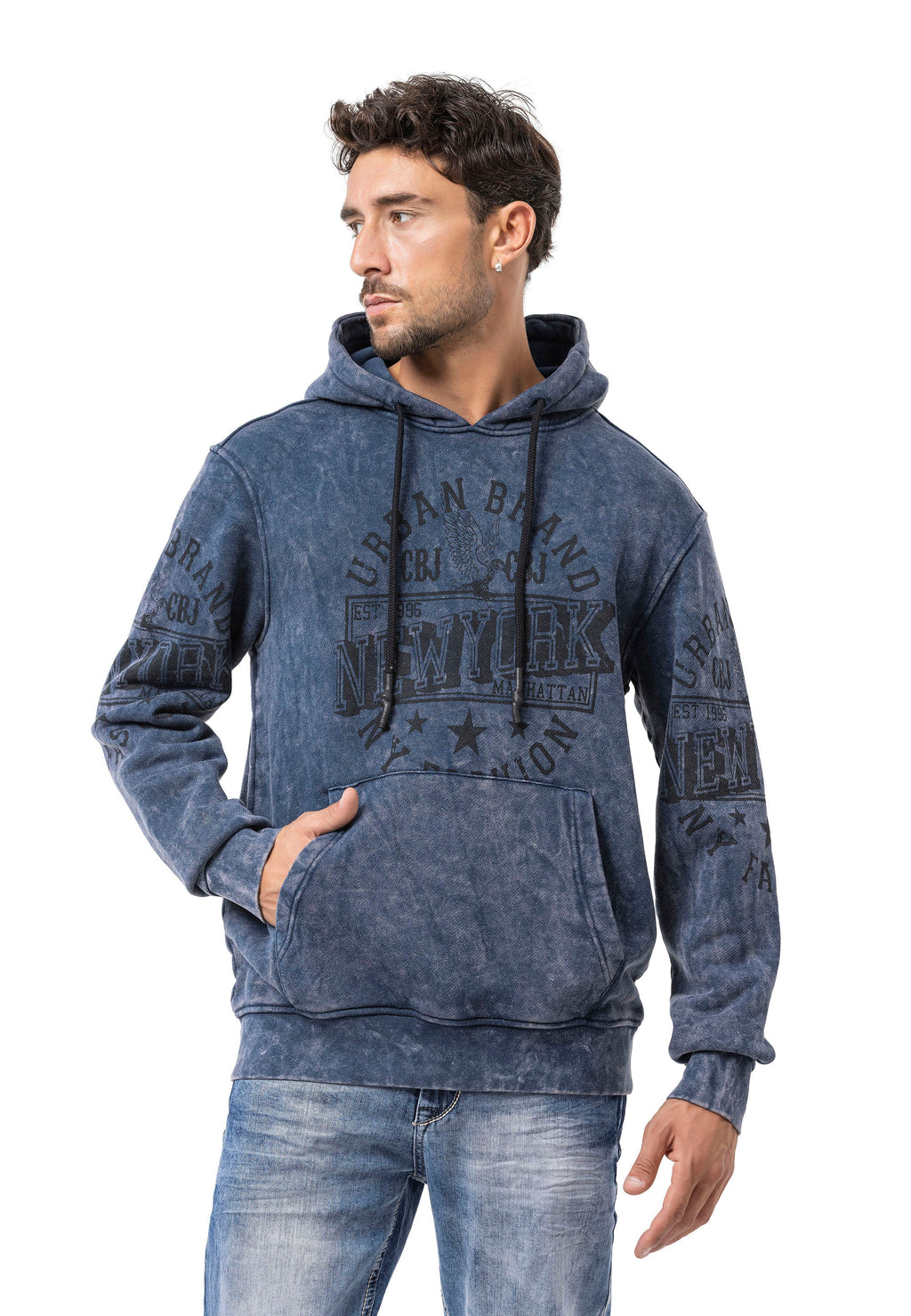 CL596 Men's Hooded Sweatshirt – City Print Acid Wash Hoodie, New York-Inspired Streetwear