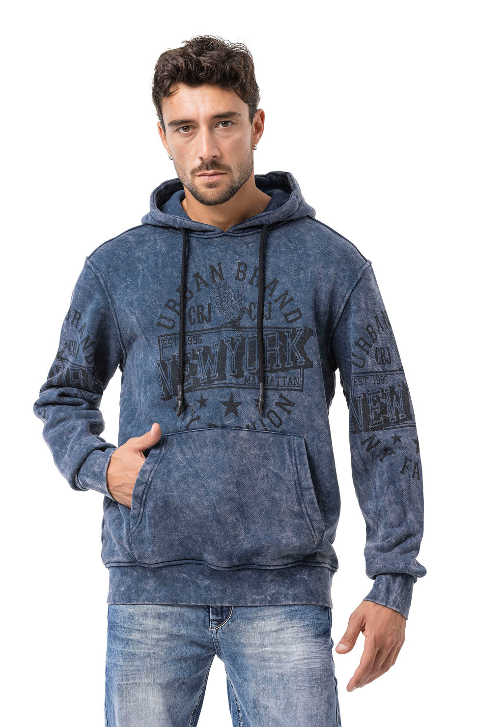 CL596 Men's Hooded Sweatshirt – City Print Acid Wash Hoodie, New York-Inspired Streetwear