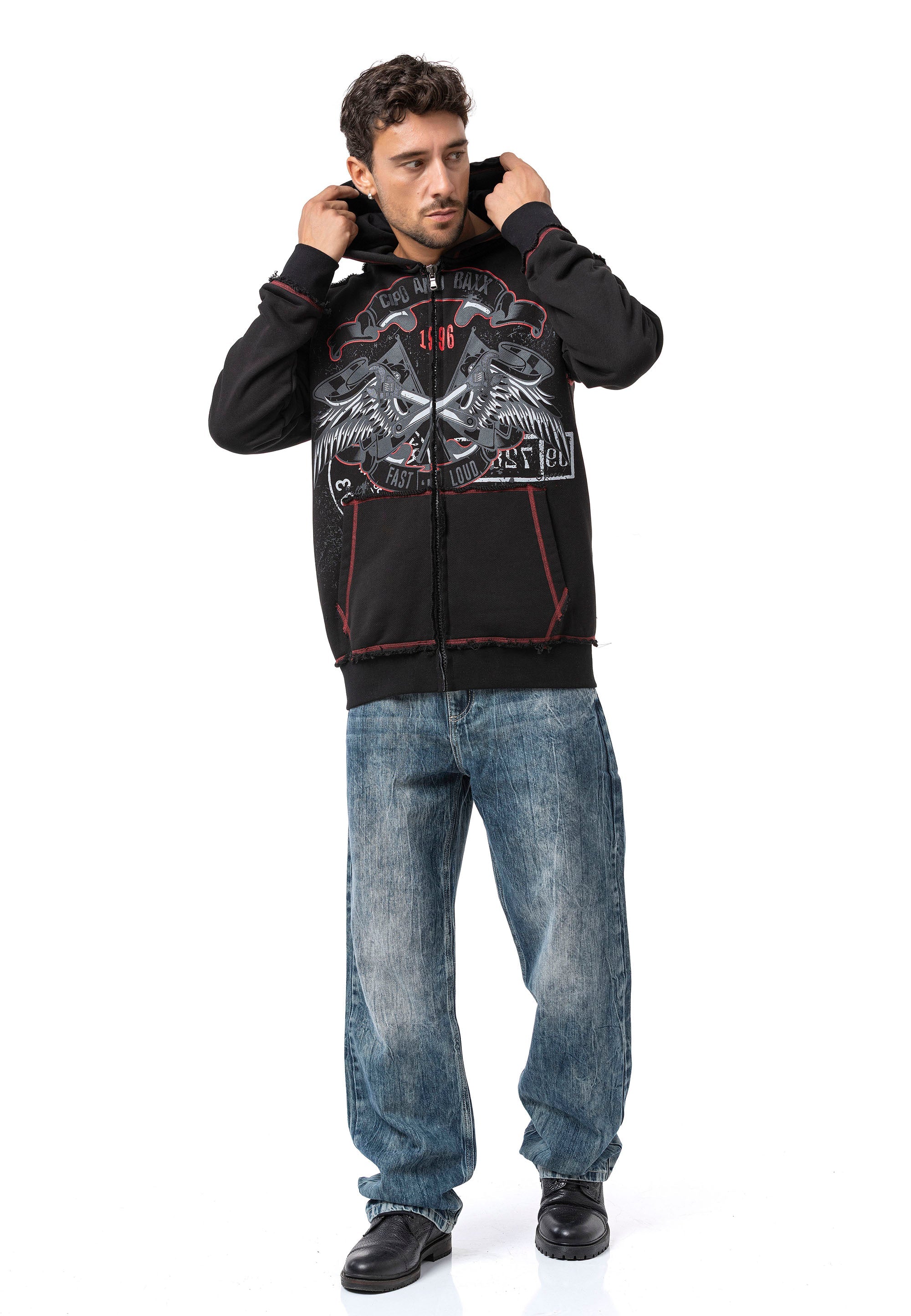 CL598 Men's Hooded Sweatshirt – Eagle Print & CHROME BLACK 1996 Rock Style Streetwear