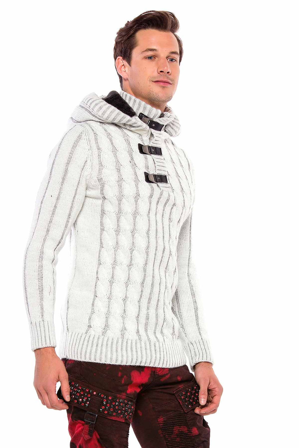 CP214 Plush Hooded Collar Knit Pattern Heavyweight Sweater