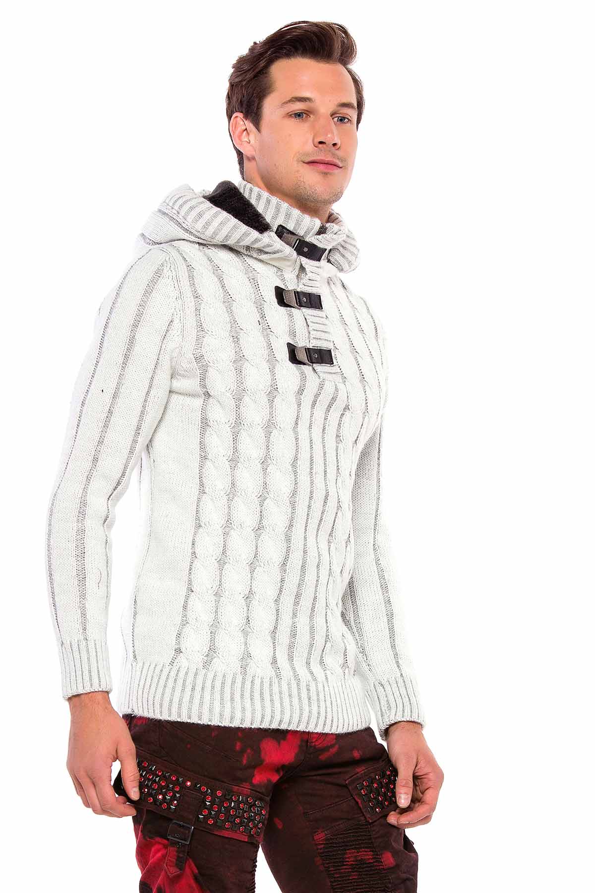 CP214 Plush Hooded Collar Knit Pattern Heavyweight Sweater
