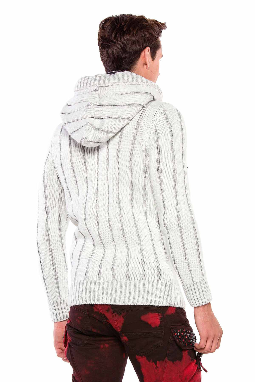 CP214 Plush Hooded Collar Knit Pattern Heavyweight Sweater