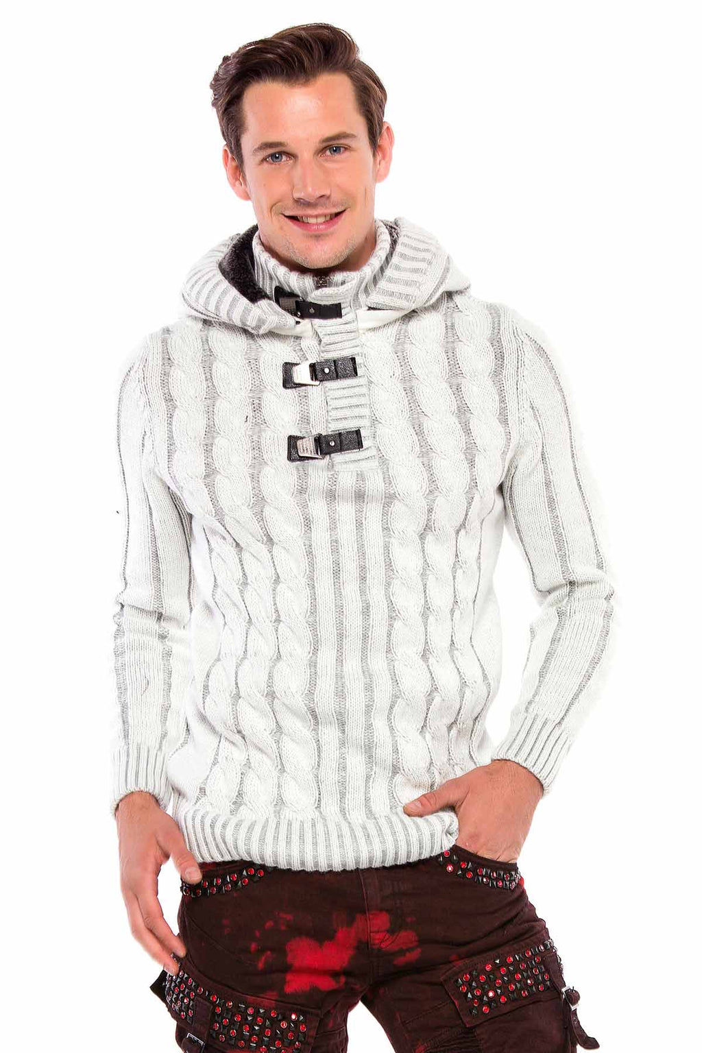 CP214 Plush Hooded Collar Knit Pattern Heavyweight Sweater