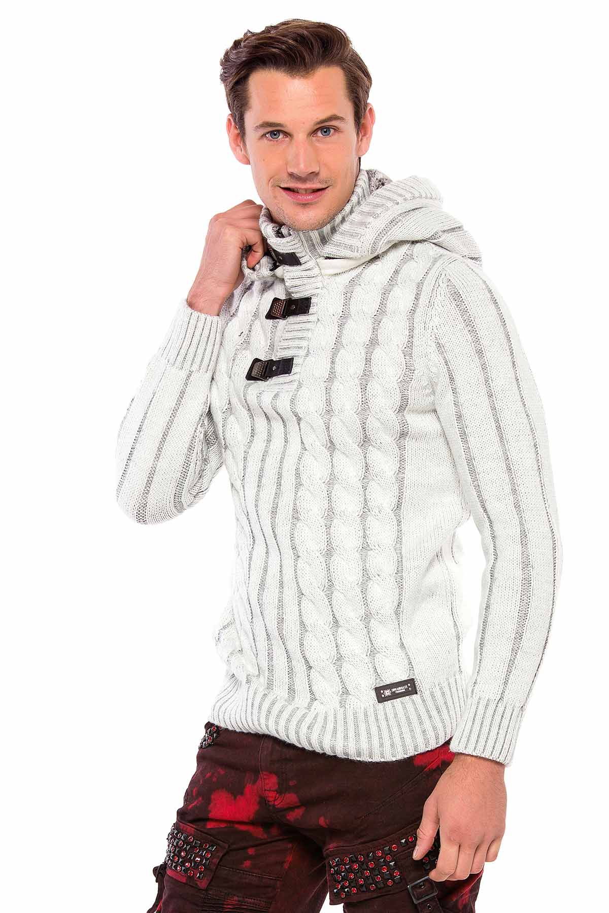 CP214 Plush Hooded Collar Knit Pattern Heavyweight Sweater