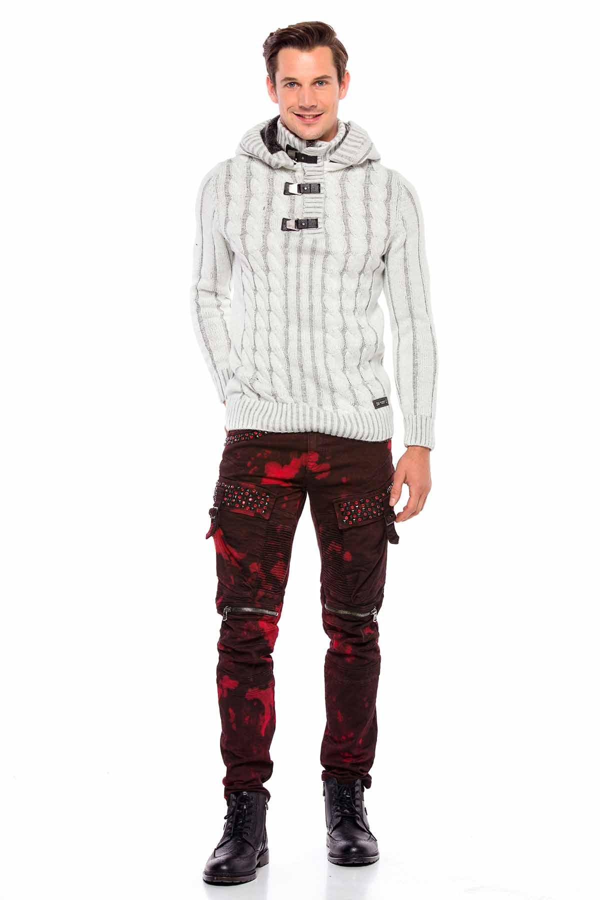 CP214 Plush Hooded Collar Knit Pattern Heavyweight Sweater
